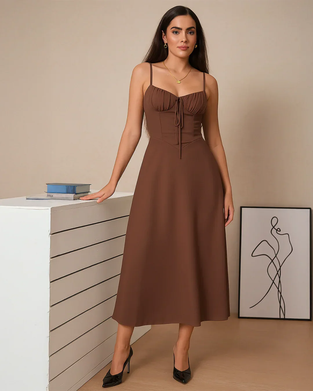 Vintage-Inspired Bustier Midi Dress in English Brown - Image 2