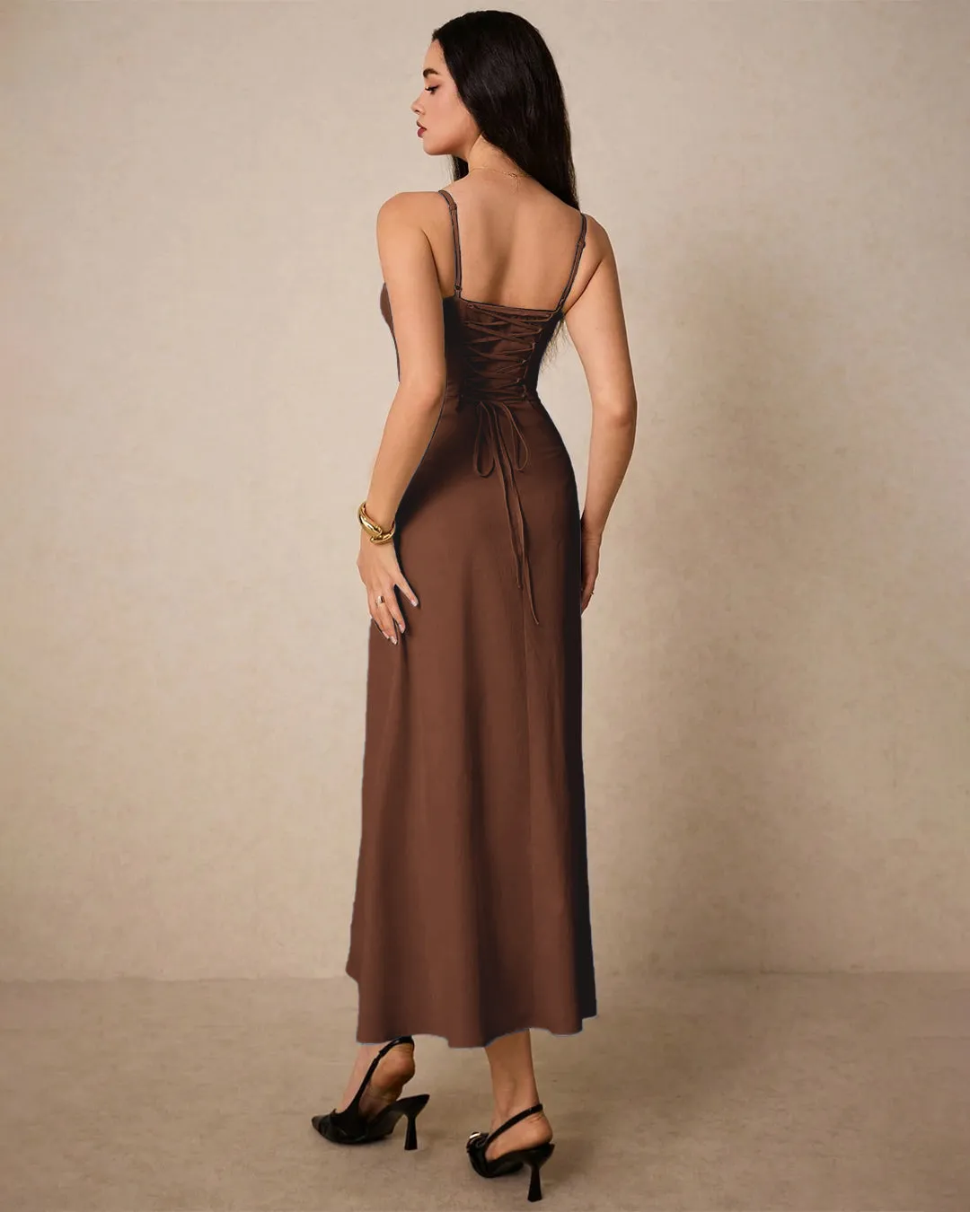Vintage-Inspired Bustier Midi Dress in English Brown - Image 4