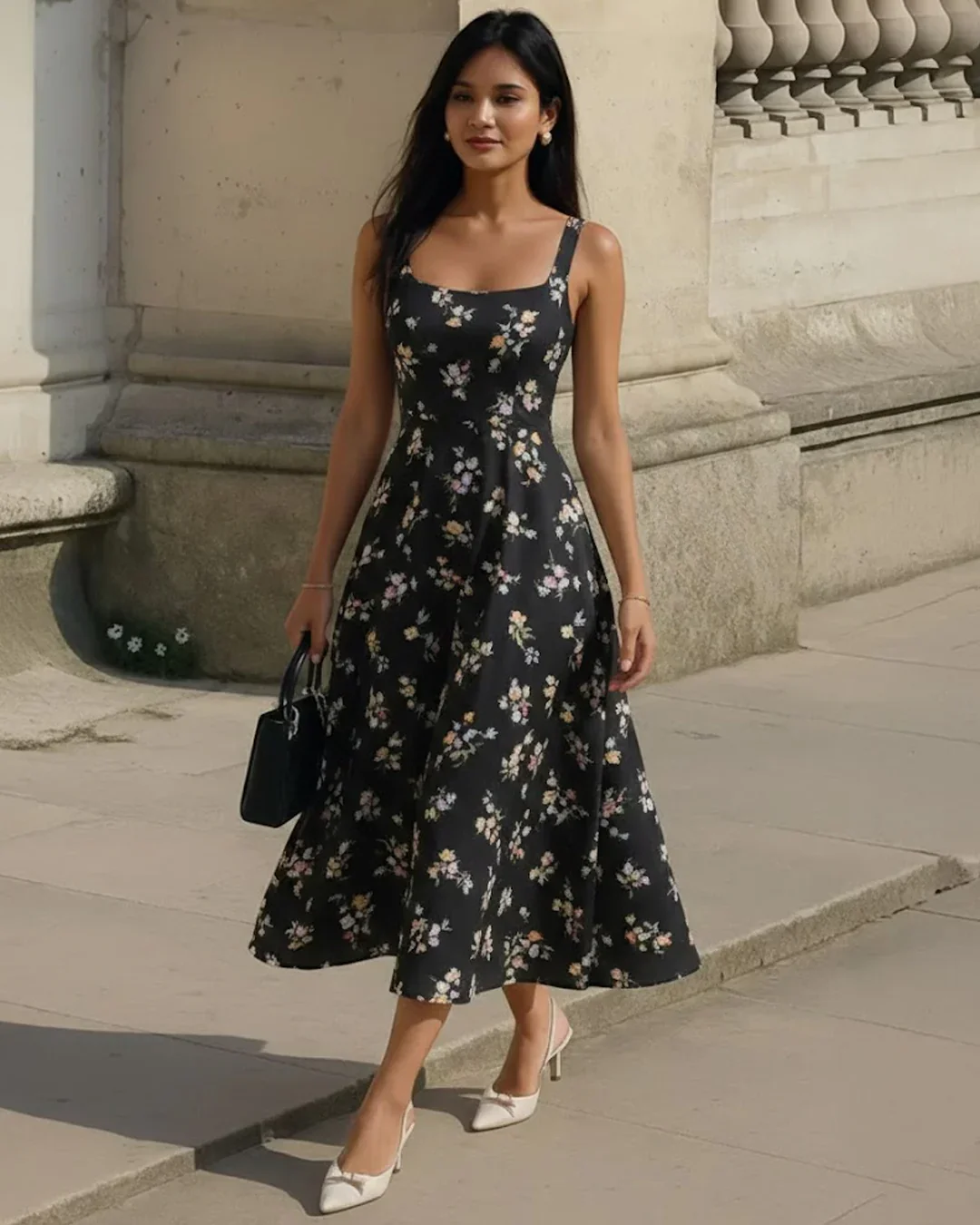 Vintage-Inspired Floral Fit and Flare Midi Dress in Black - Image 2