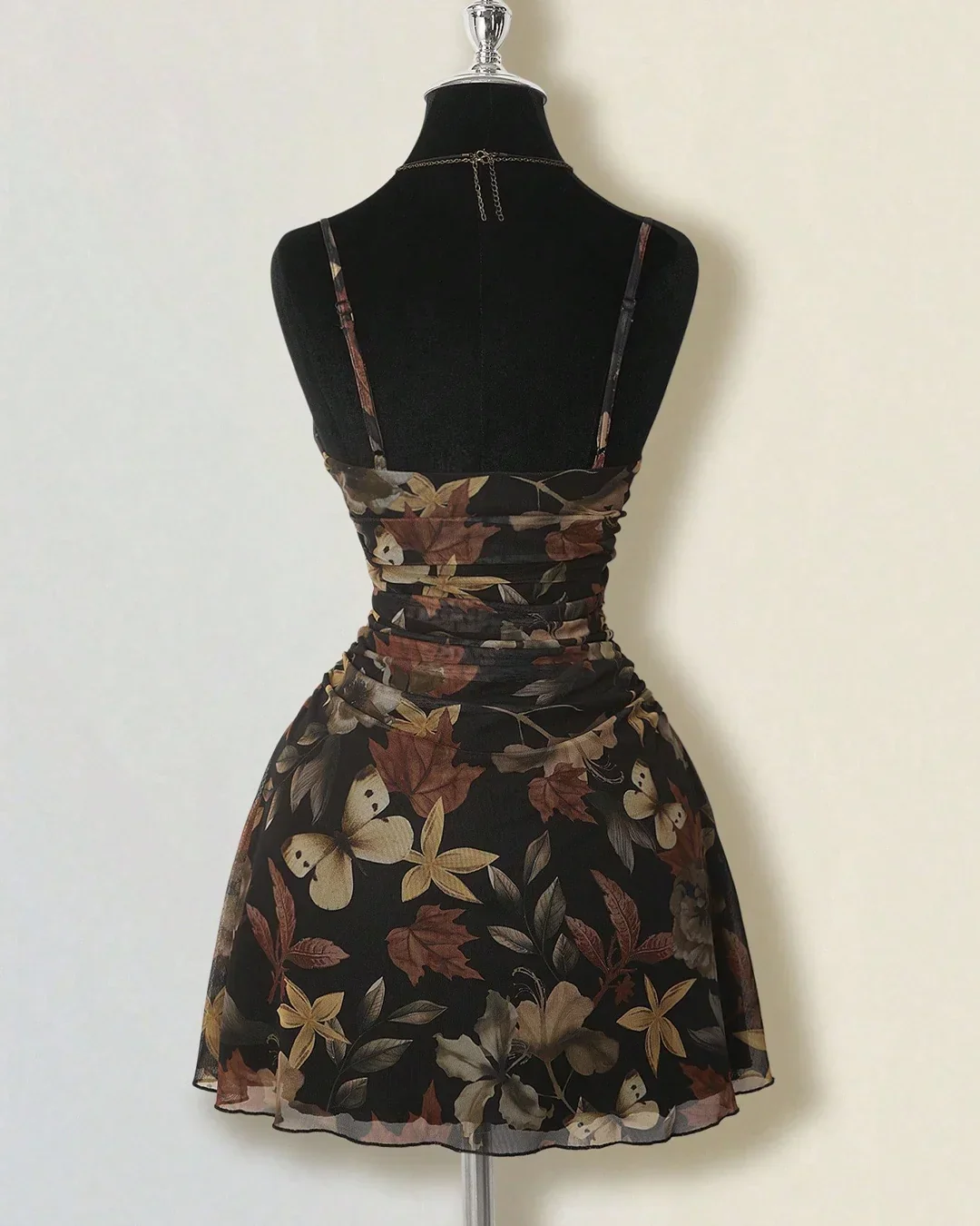 Vintage Maple Leaf Floral Print Pleated Mini Dress - Image 3