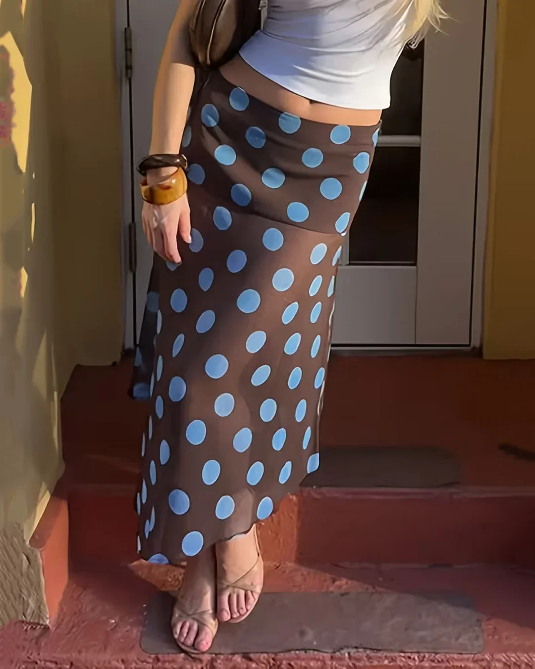 Vintage Polka Dot Print Asymmetrical Flared Hem Skirt - Image 2