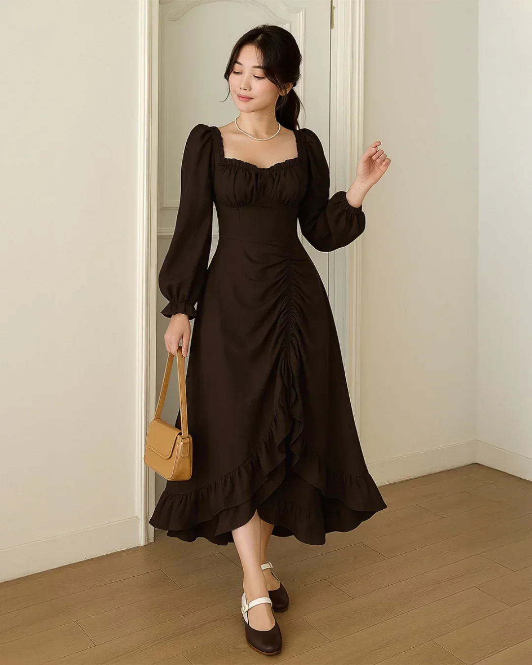 Vintage Square Collar Puff Sleeve Drawstring Ruffle Long Dress - Image 2
