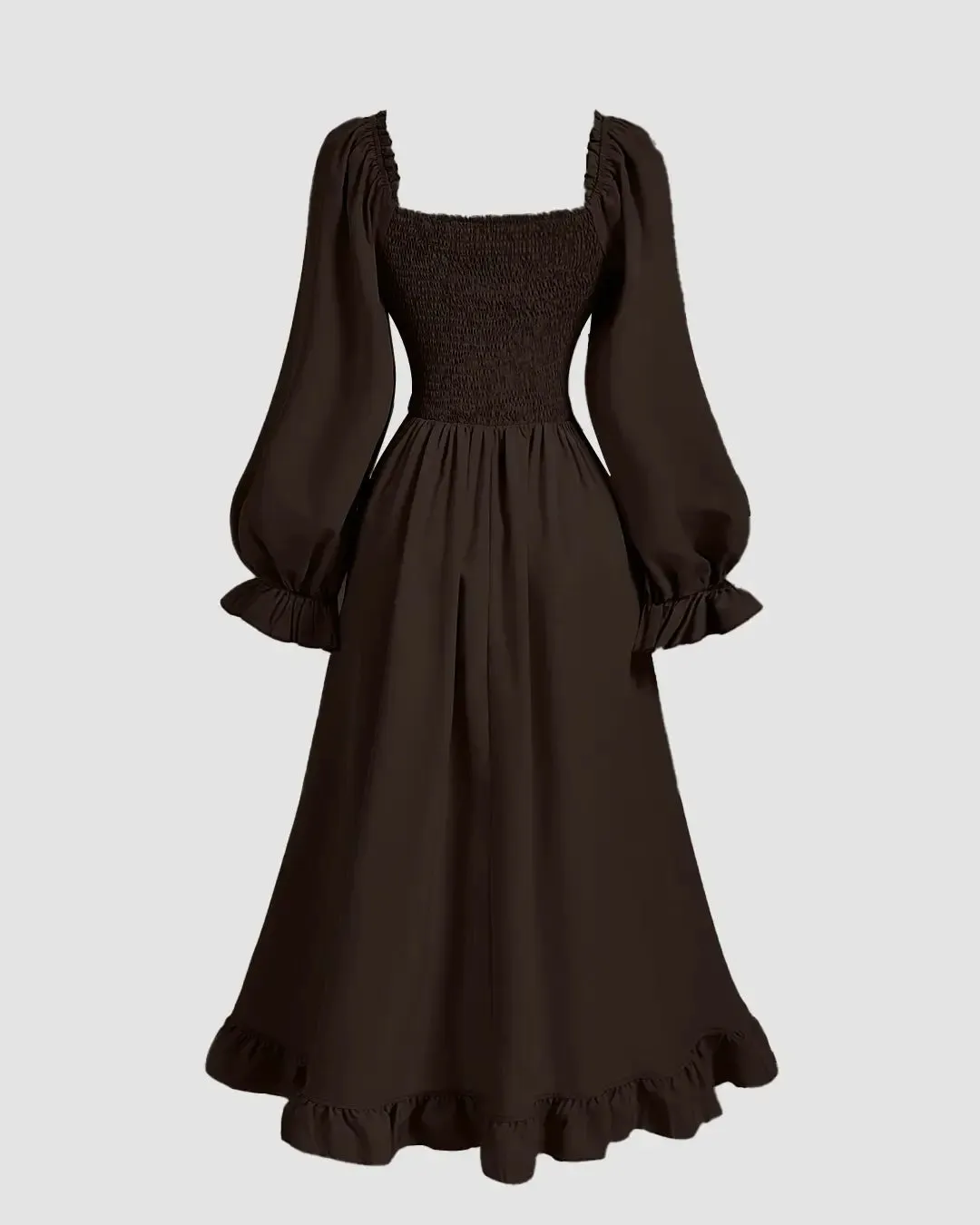 Vintage Square Collar Puff Sleeve Drawstring Ruffle Long Dress - Image 3