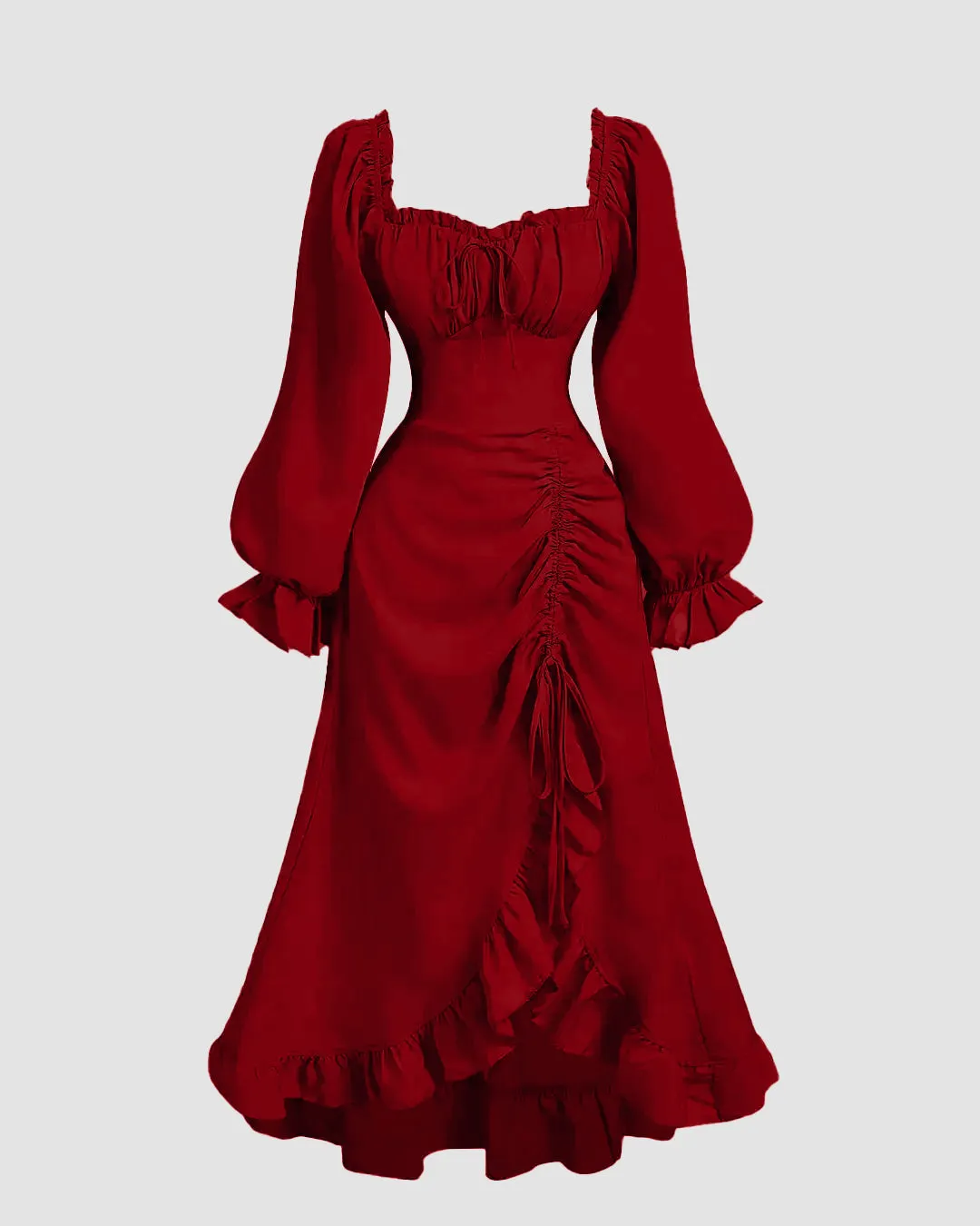 Long Sleeve Ruffle Midi Dress in Cherry Red
