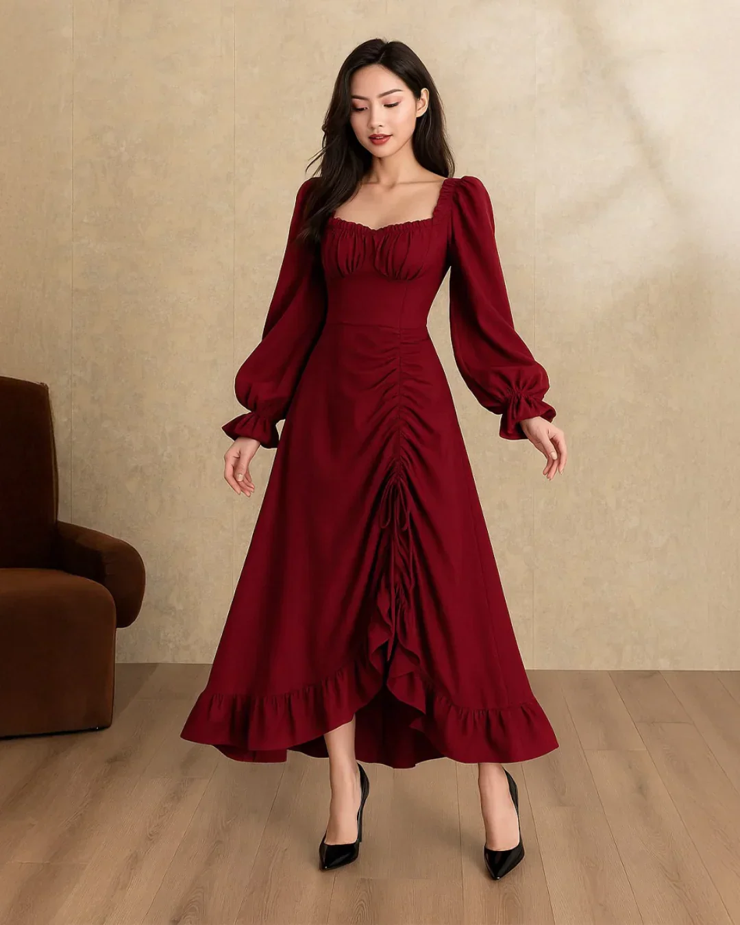 Long Sleeve Ruffle Midi Dress in Cherry Red - Image 2