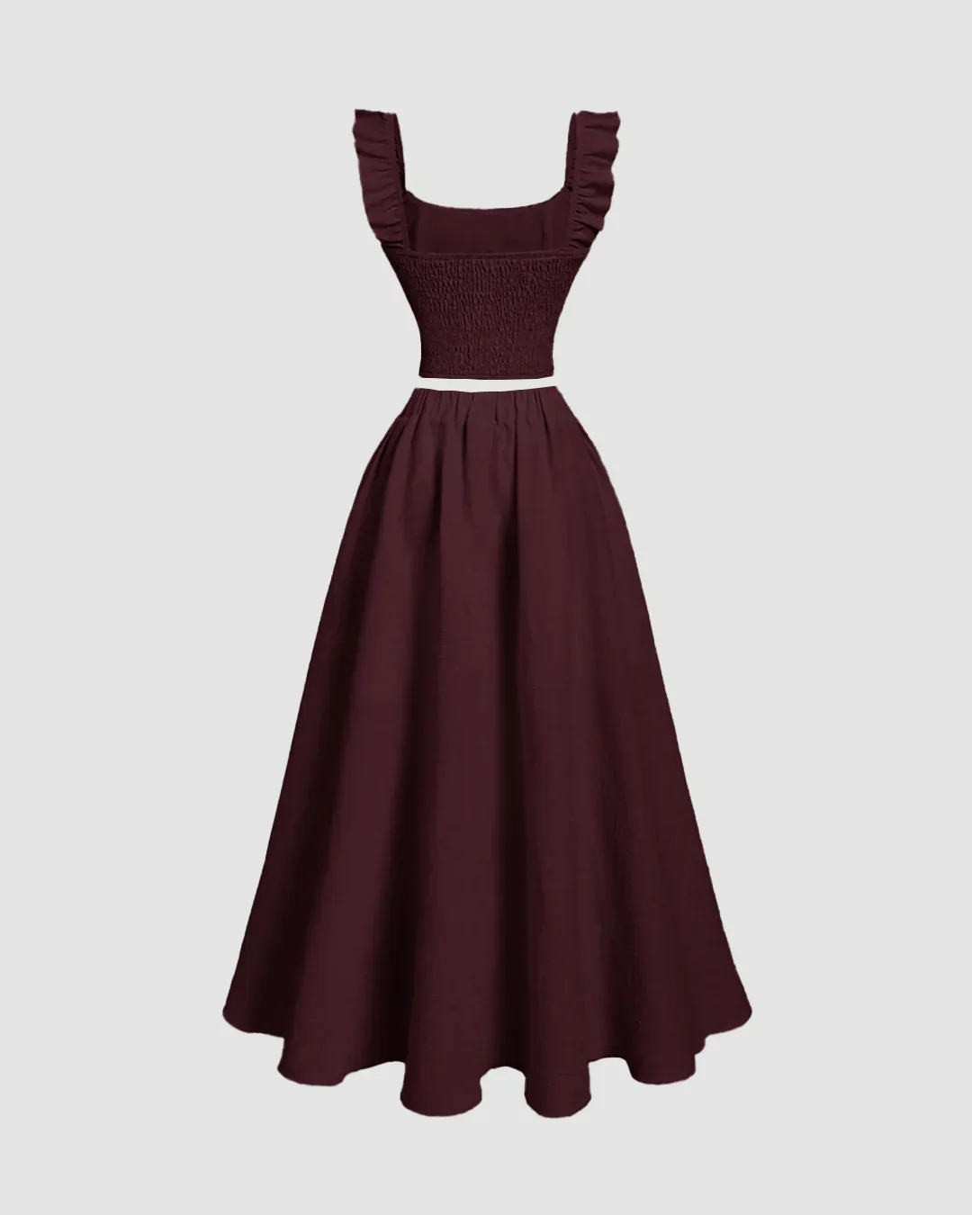 Vintage Style Sleeveless Maroon Top And Skirt Set - Image 2