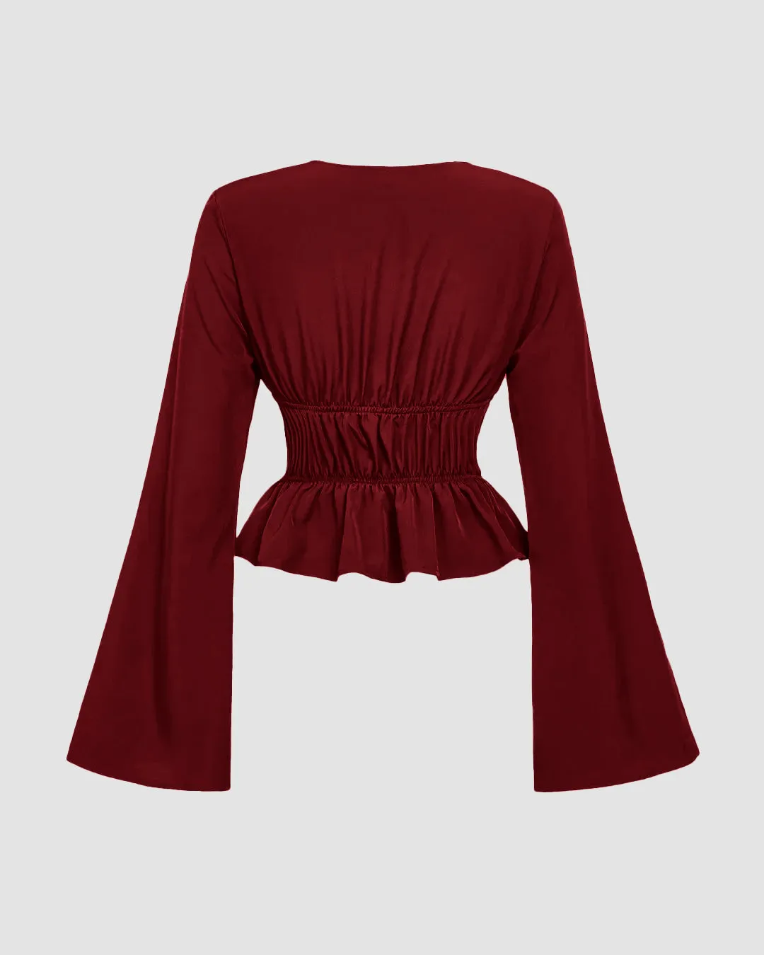 V Neck Tie Up Long Sleeve Flare Crop Top in Red - Image 2