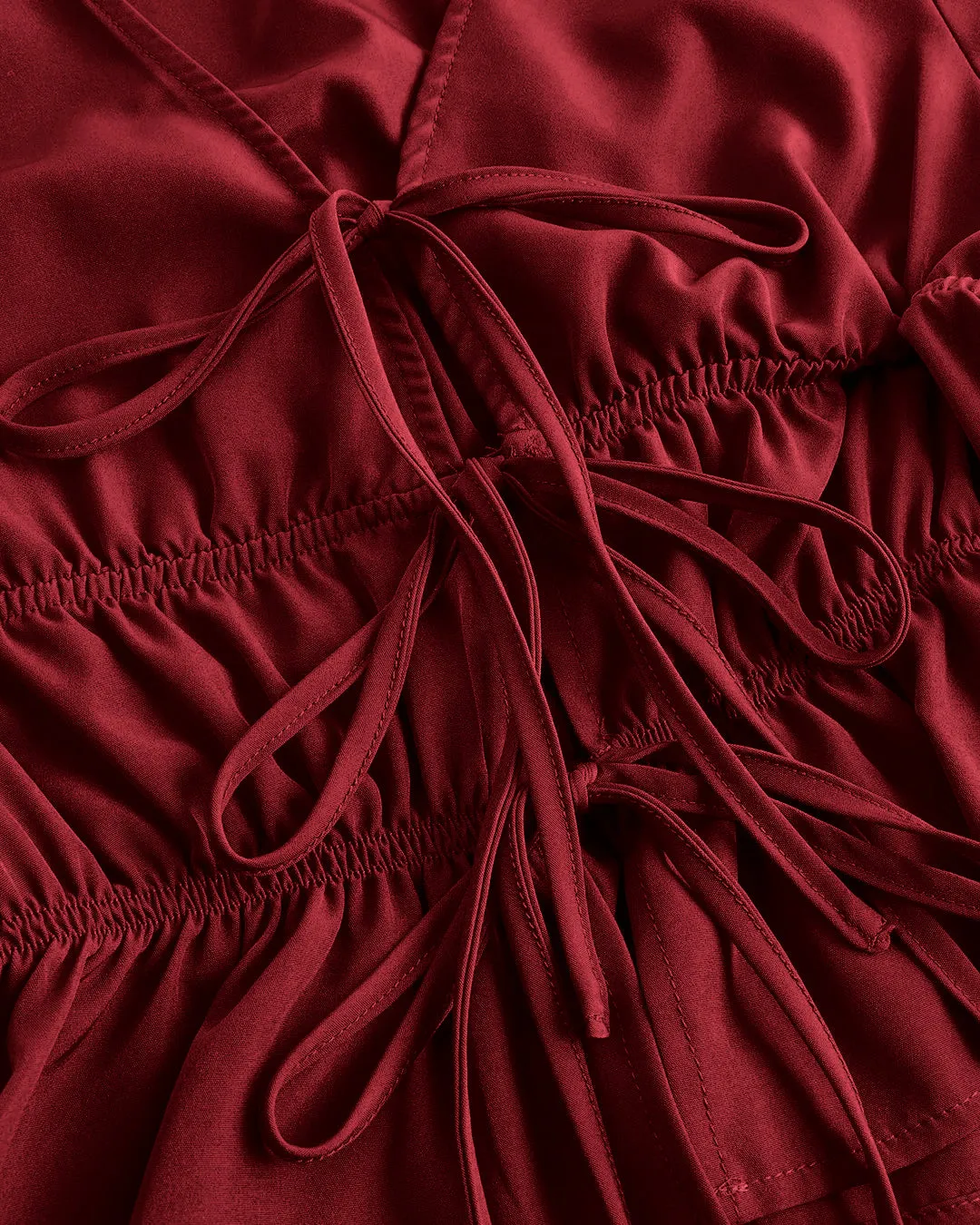 V Neck Tie Up Long Sleeve Flare Crop Top in Red - Image 3
