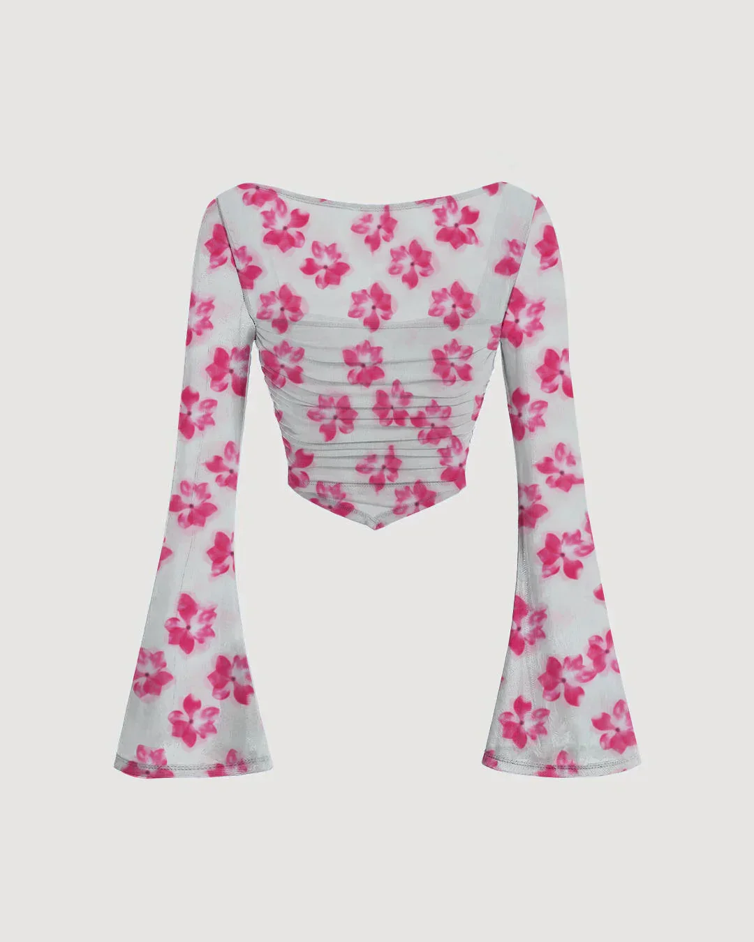 White and Pink Floral Mesh Bell Sleeve Top - Image 2