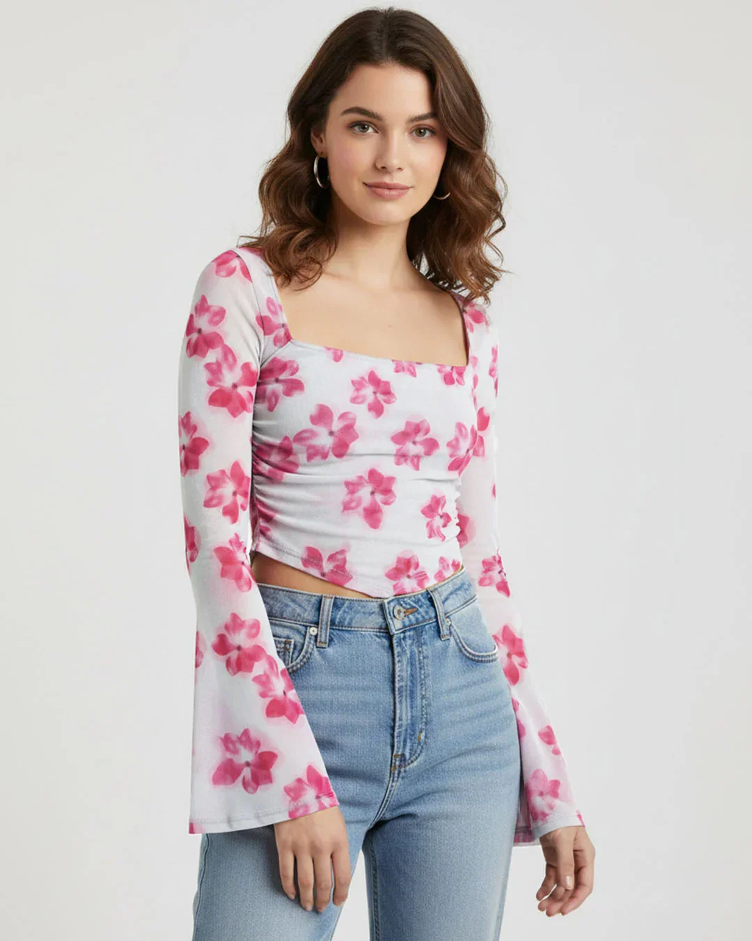 White and Pink Floral Mesh Bell Sleeve Top - Image 3