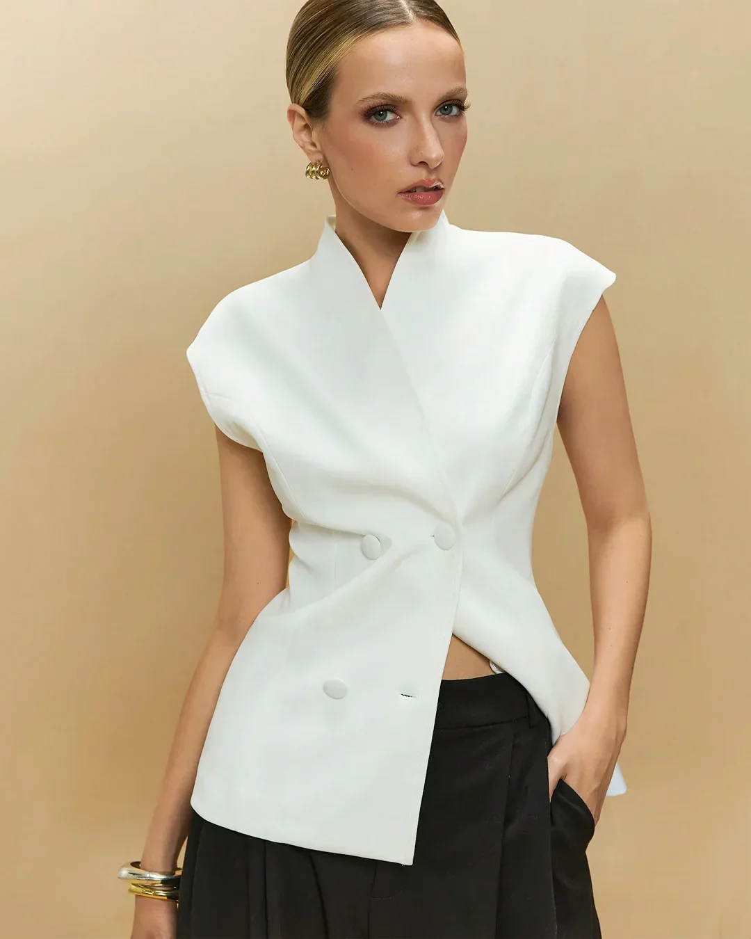 White Asymmetrical Buttoned Structured Waistcoat - Image 2
