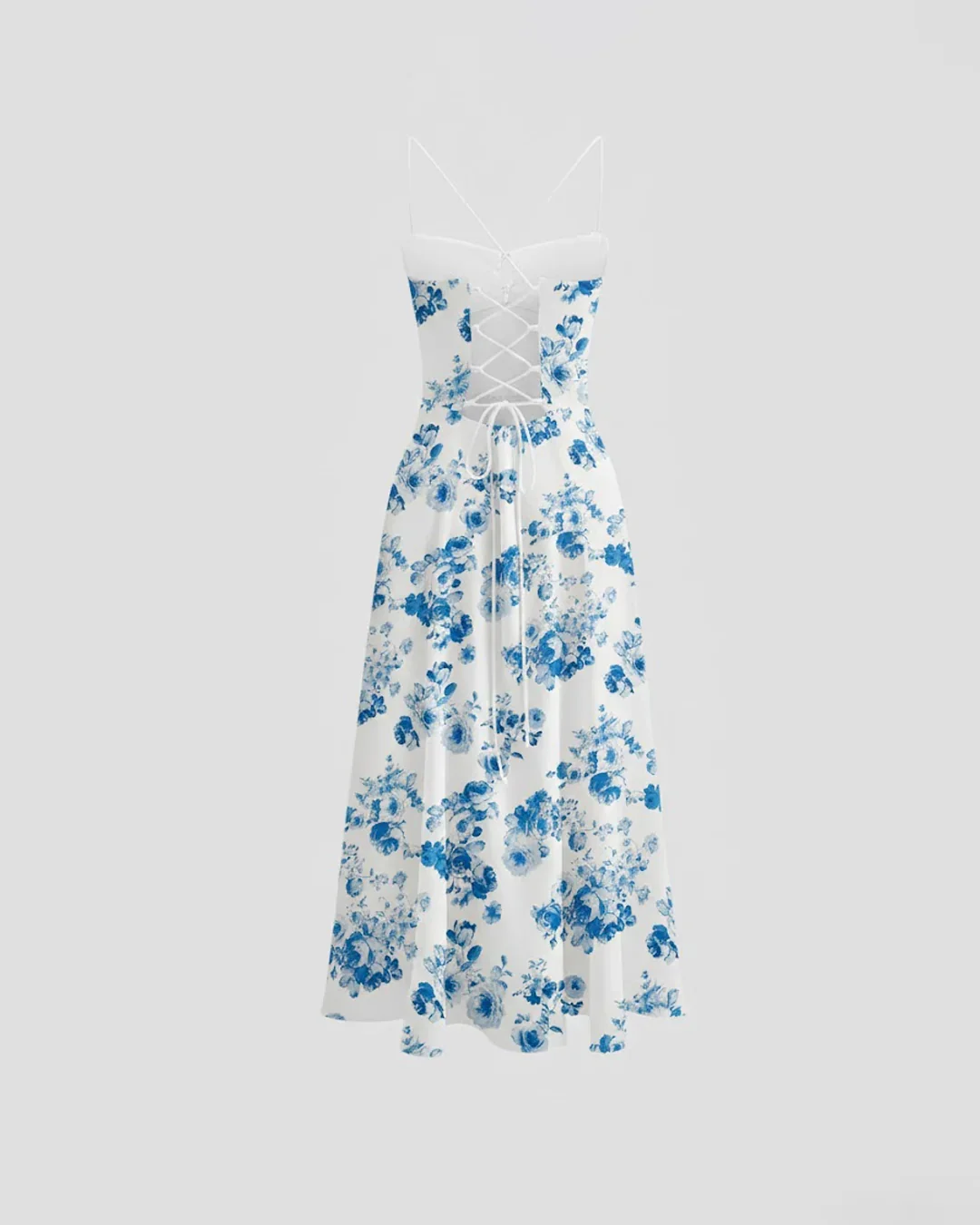 White & Blue Floral Spaghetti-Strap Midi Dress - Image 2