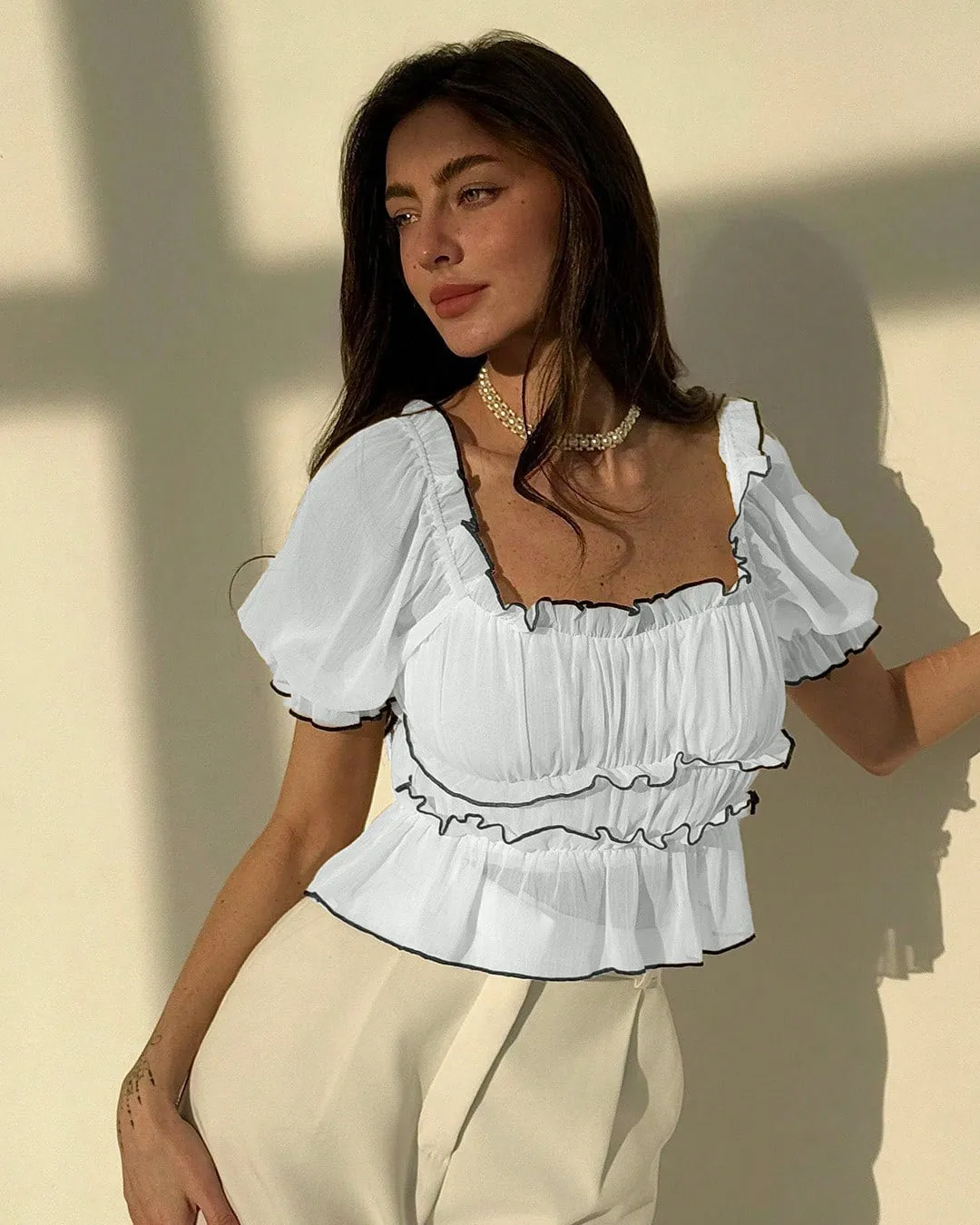White Chiffon Square Neck Tiered Ruffle Top With Black Trim - Image 2