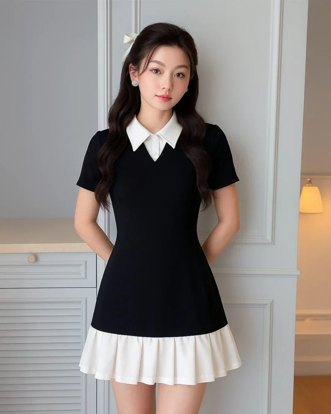 Black Collared Top with White Pleated Skirt Dress - Image 2