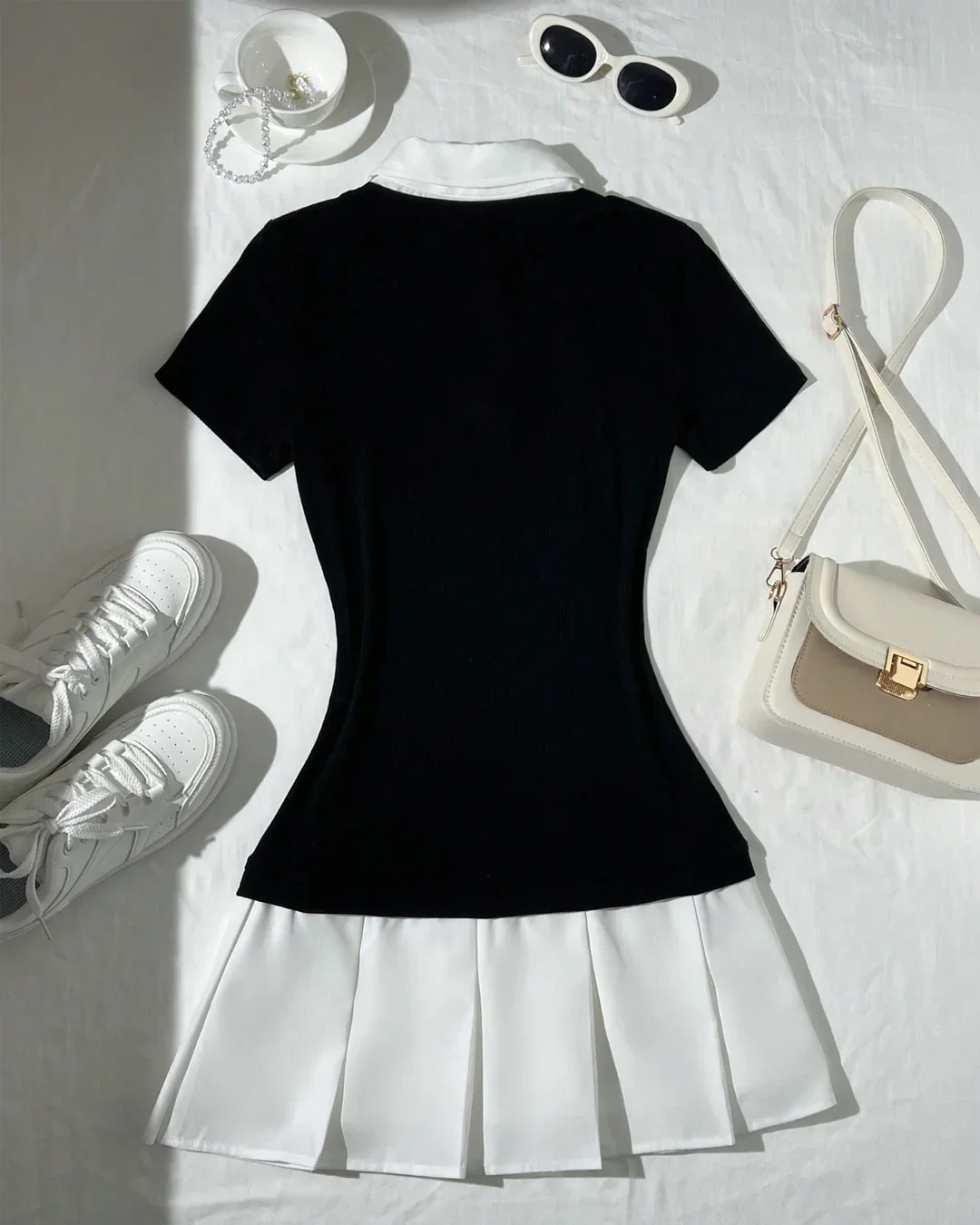 Black Collared Top with White Pleated Skirt Dress - Image 3