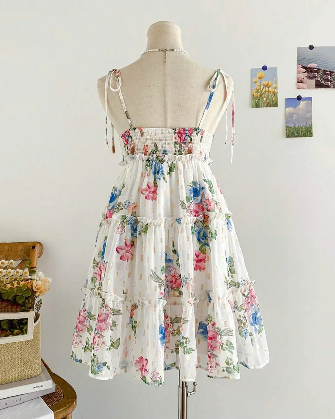 White Floral Spaghetti Strap Fit and Flare Dress - Image 2