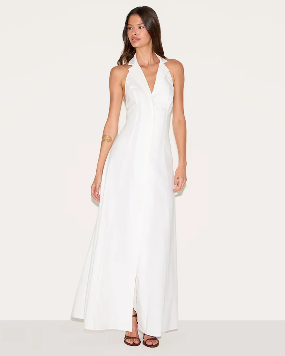 White Halter Neck Front Slit Maxi Dress - Image 2