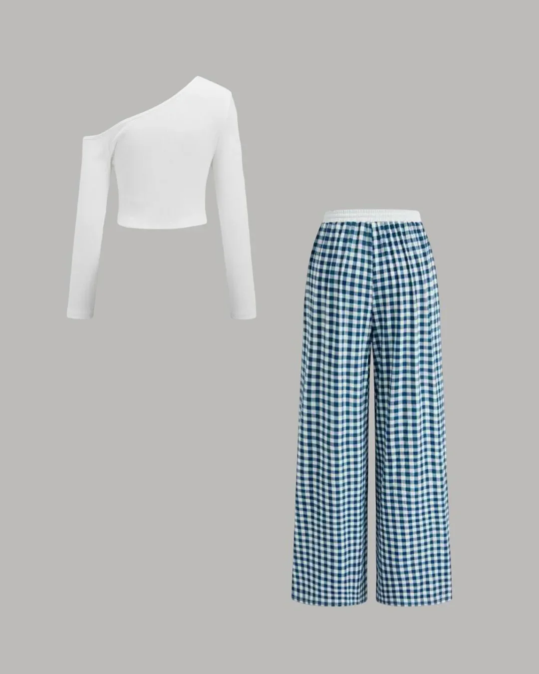 White Long Sleeve Top and Blue Checkered Wide Leg Pants Two Piece Set - Image 2