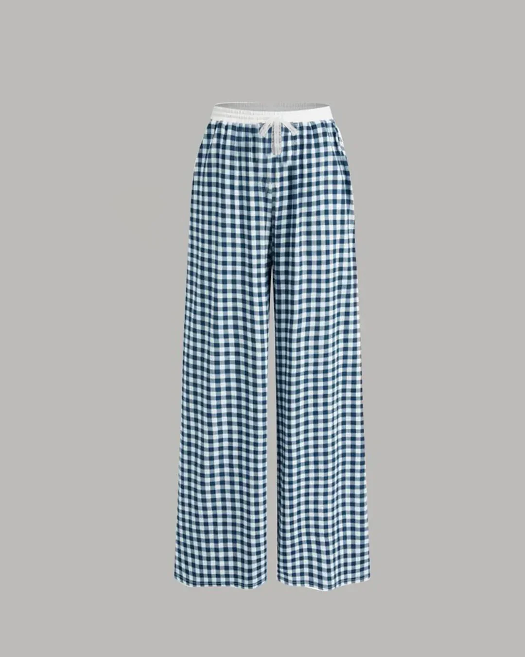 White Long Sleeve Top and Blue Checkered Wide Leg Pants Two Piece Set - Image 3