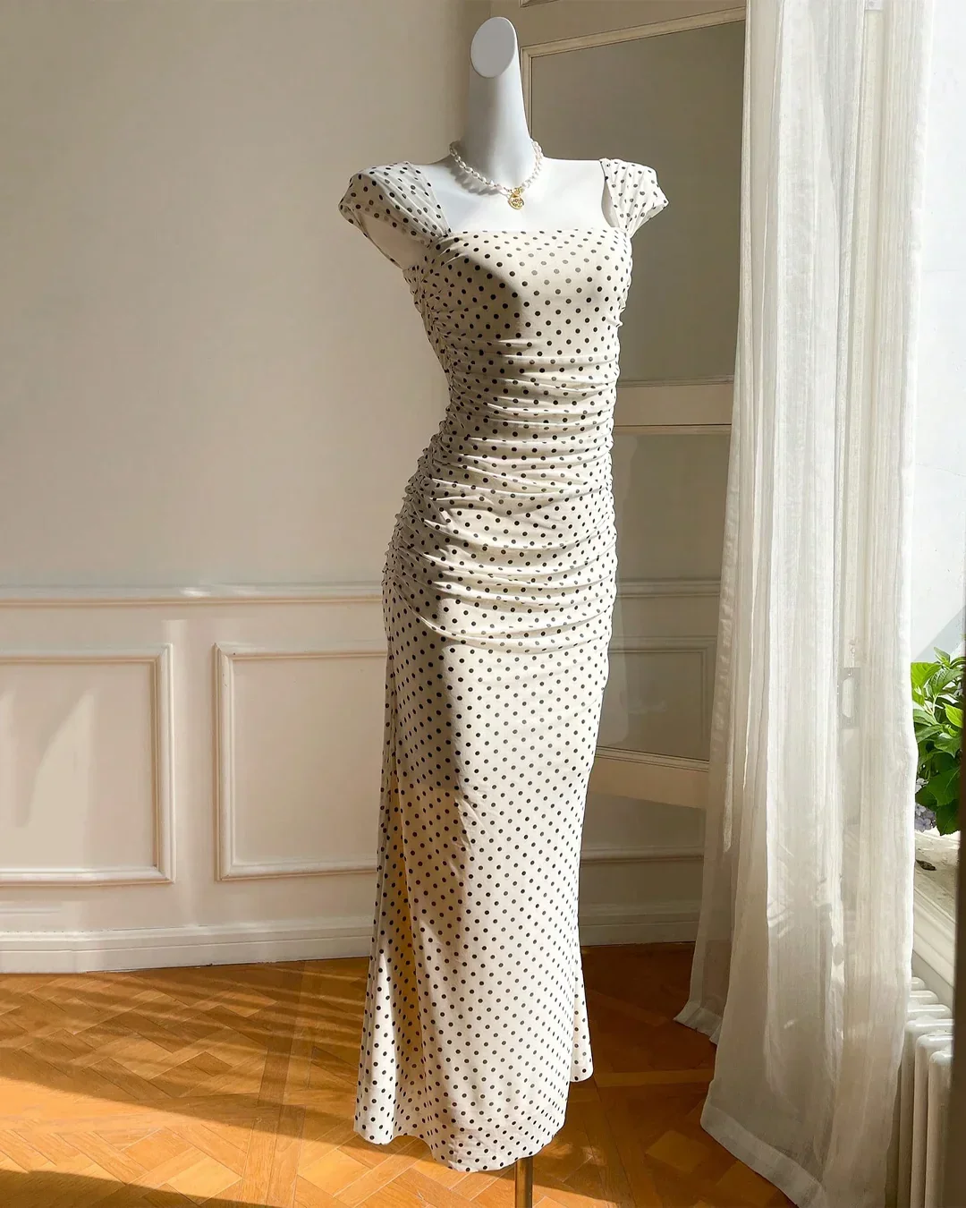 White Polka Dot Square Neck Short Sleeve Slit Maxi Dress