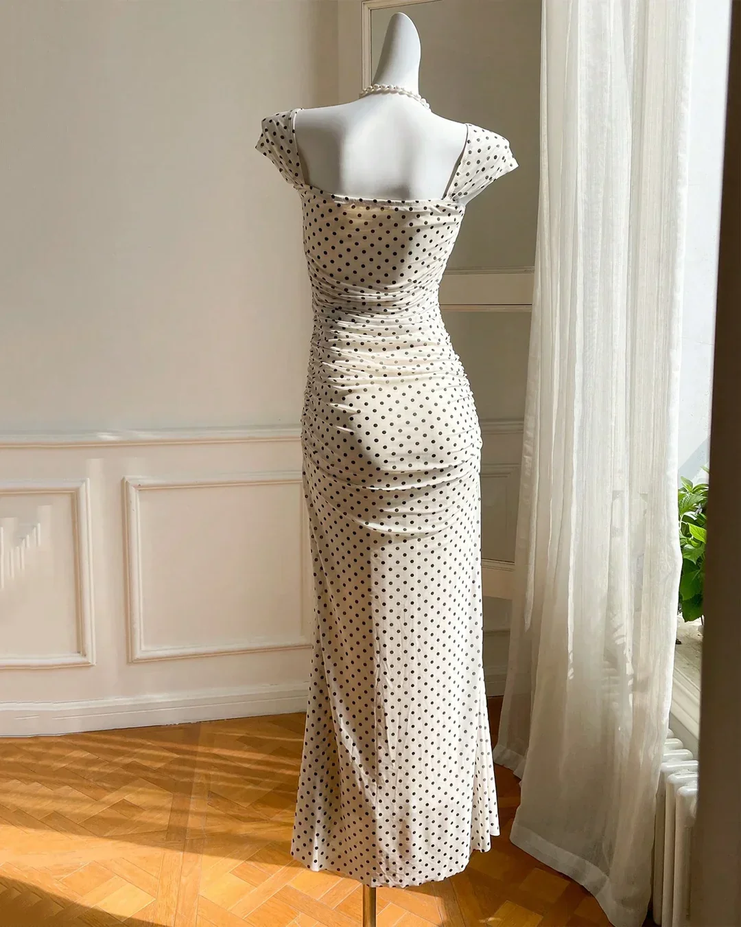 White Polka Dot Square Neck Short Sleeve Slit Maxi Dress - Image 2