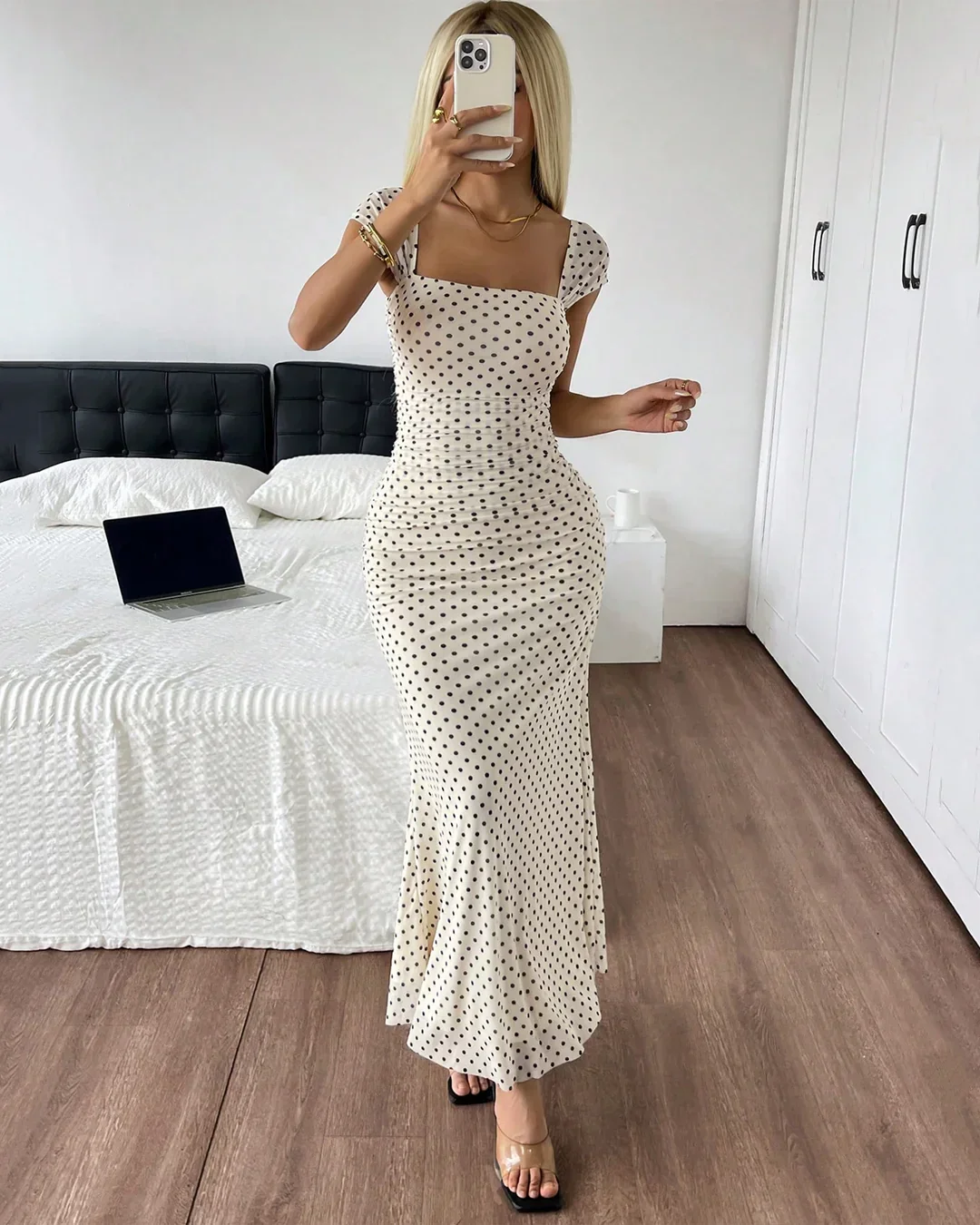 White Polka Dot Square Neck Short Sleeve Slit Maxi Dress - Image 3