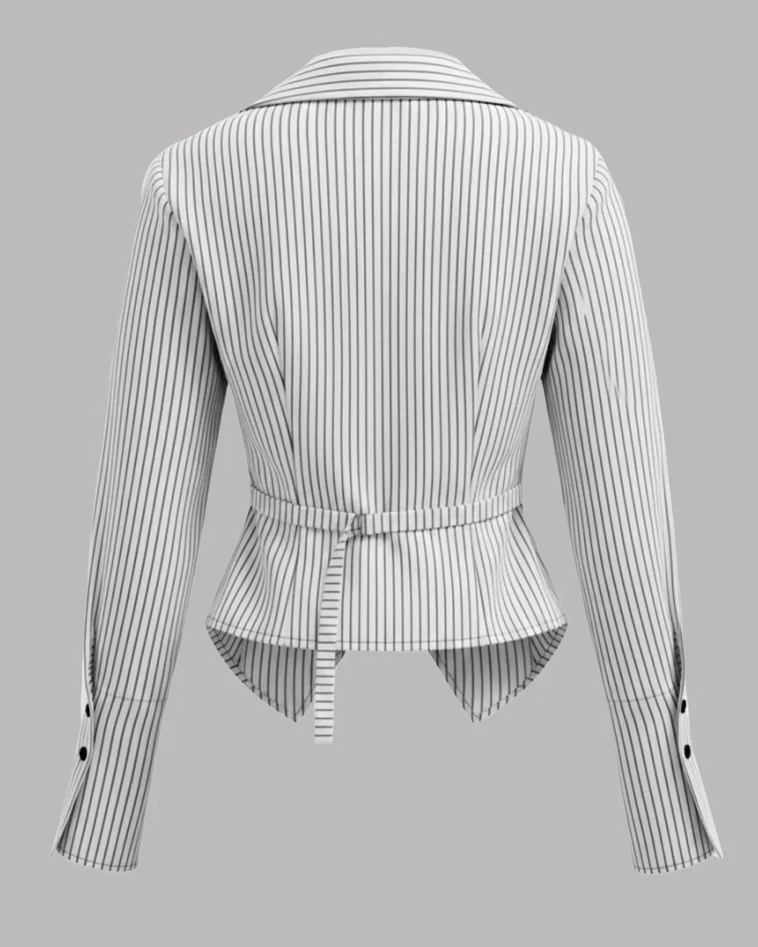 White Stripe Collar Long Sleeve Ruched Asymmetrical Hem Shirt - Image 2