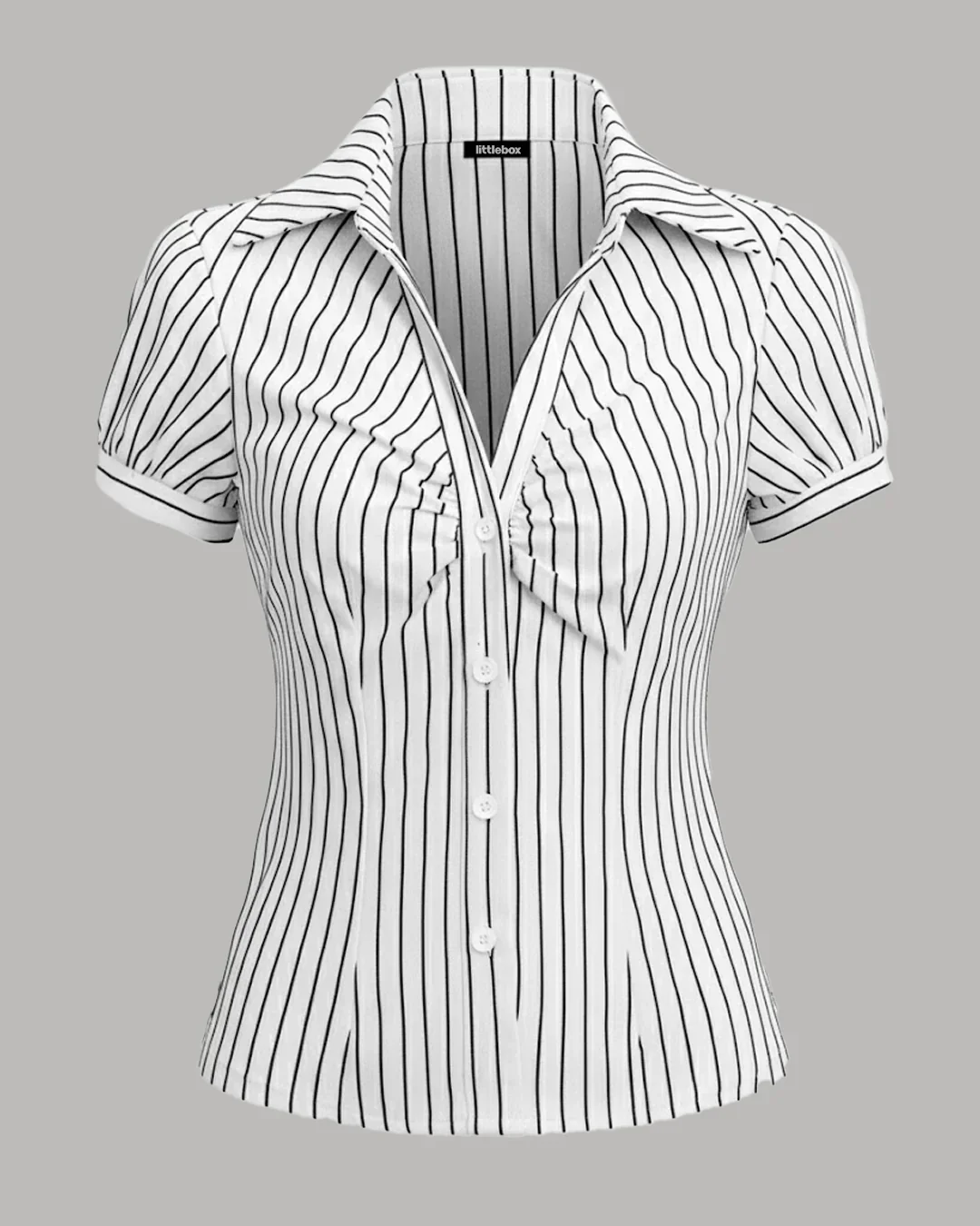 White Striped Short Sleeve Slim Fit Waist Cinched Top