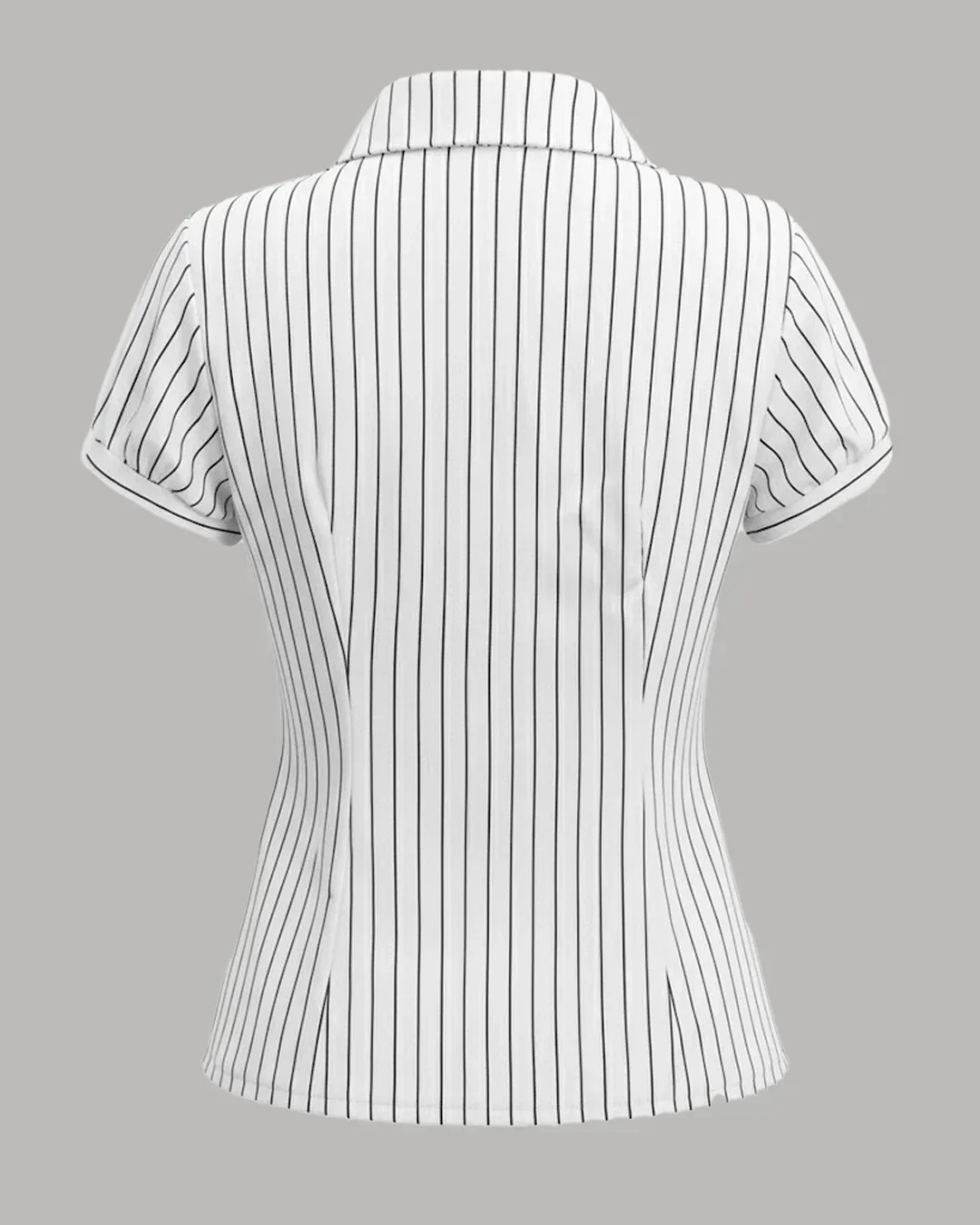 White Striped Short Sleeve Slim Fit Waist Cinched Top - Image 2