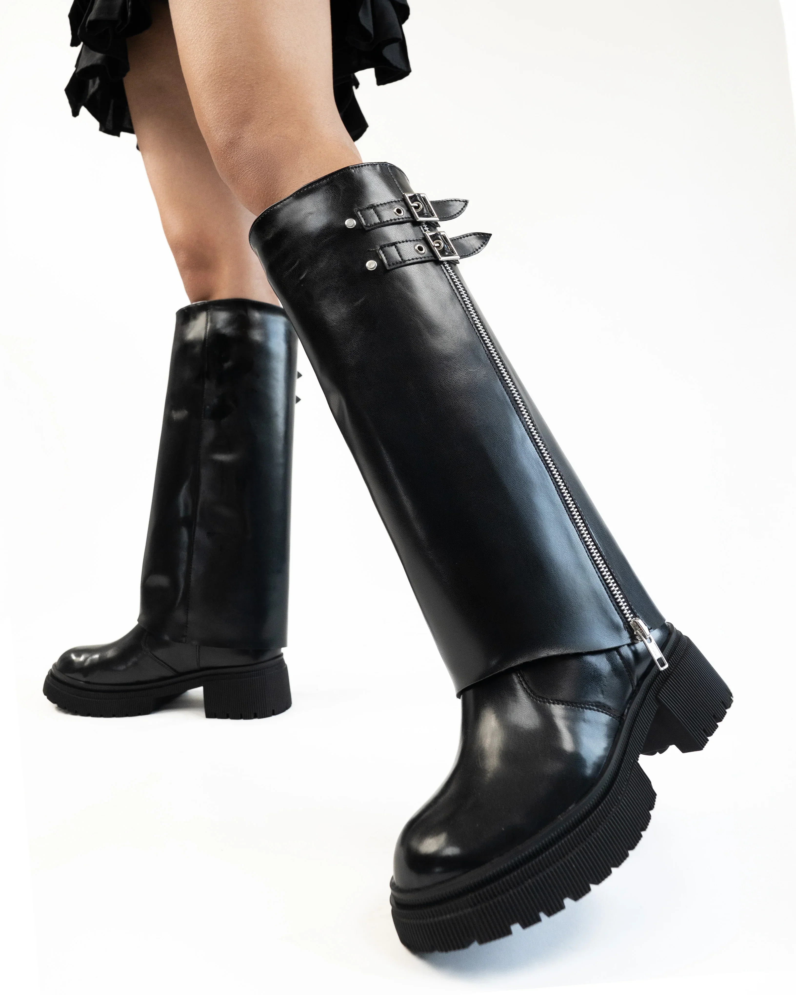 Women Black Wide Calf Knee High Chunky Low Heel Riding Boot - Image 3