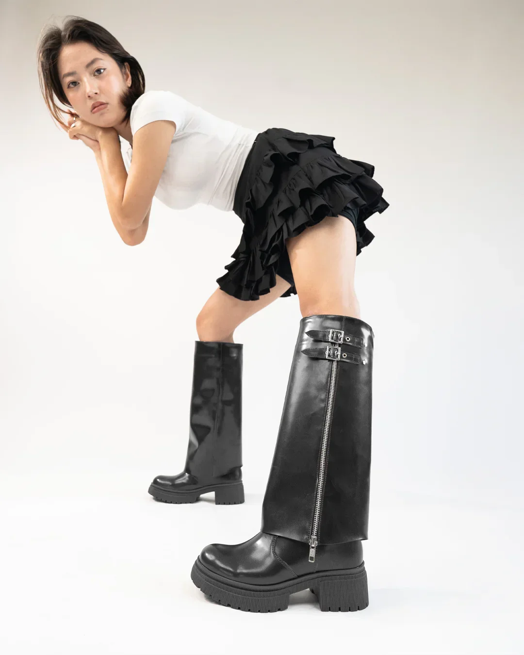 Women Black Wide Calf Knee High Chunky Low Heel Riding Boot - Image 4