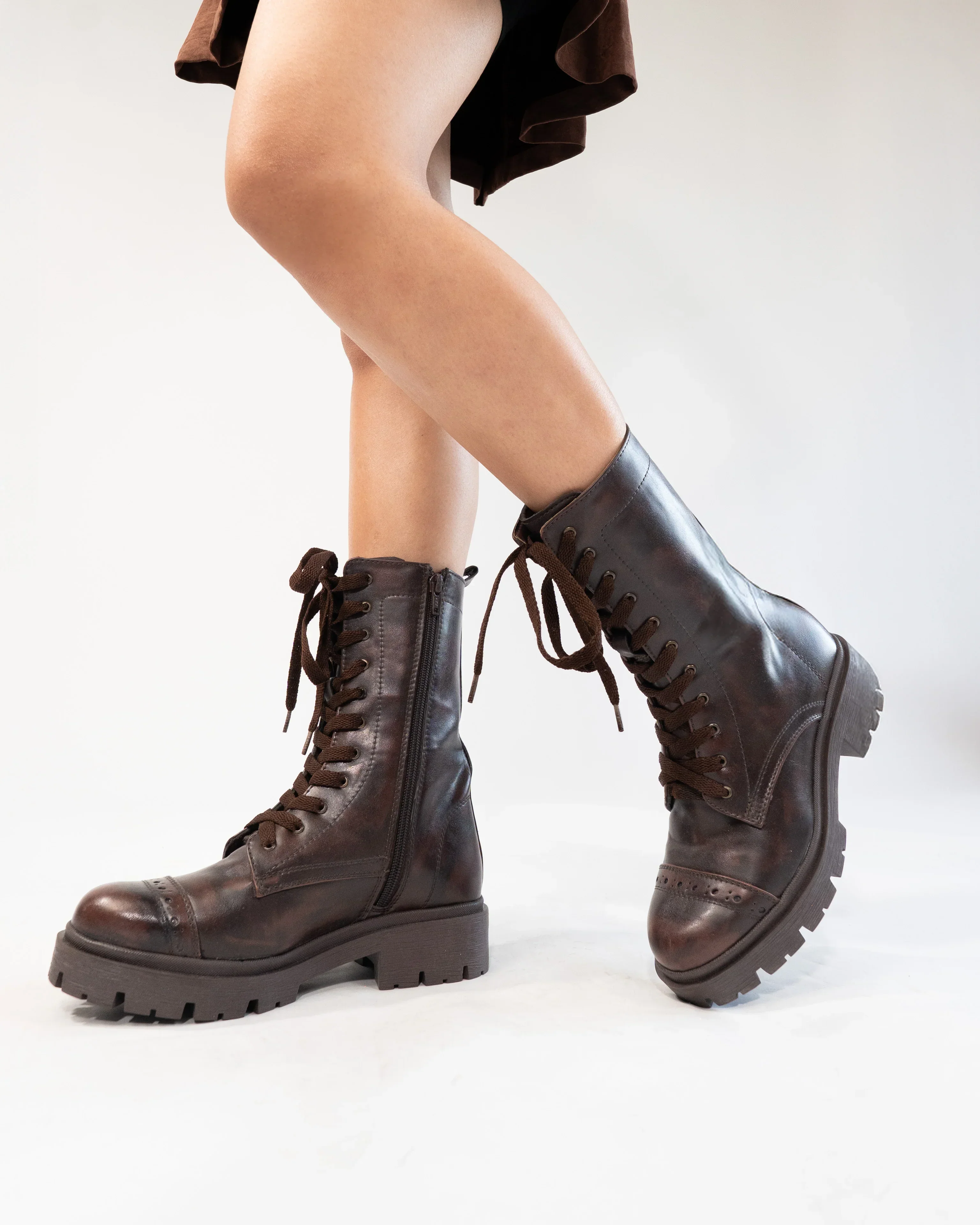 Women's Cross-tied Zippers Low Heel Brown Boots - Image 3