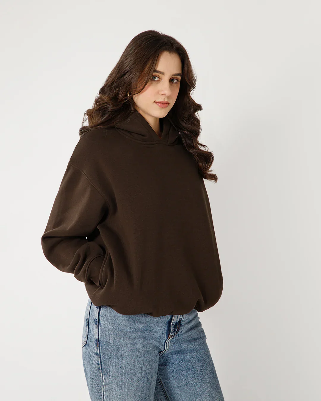 Womens Solid Drawstring Full Sleeve Hoodie in Coffee - Image 5