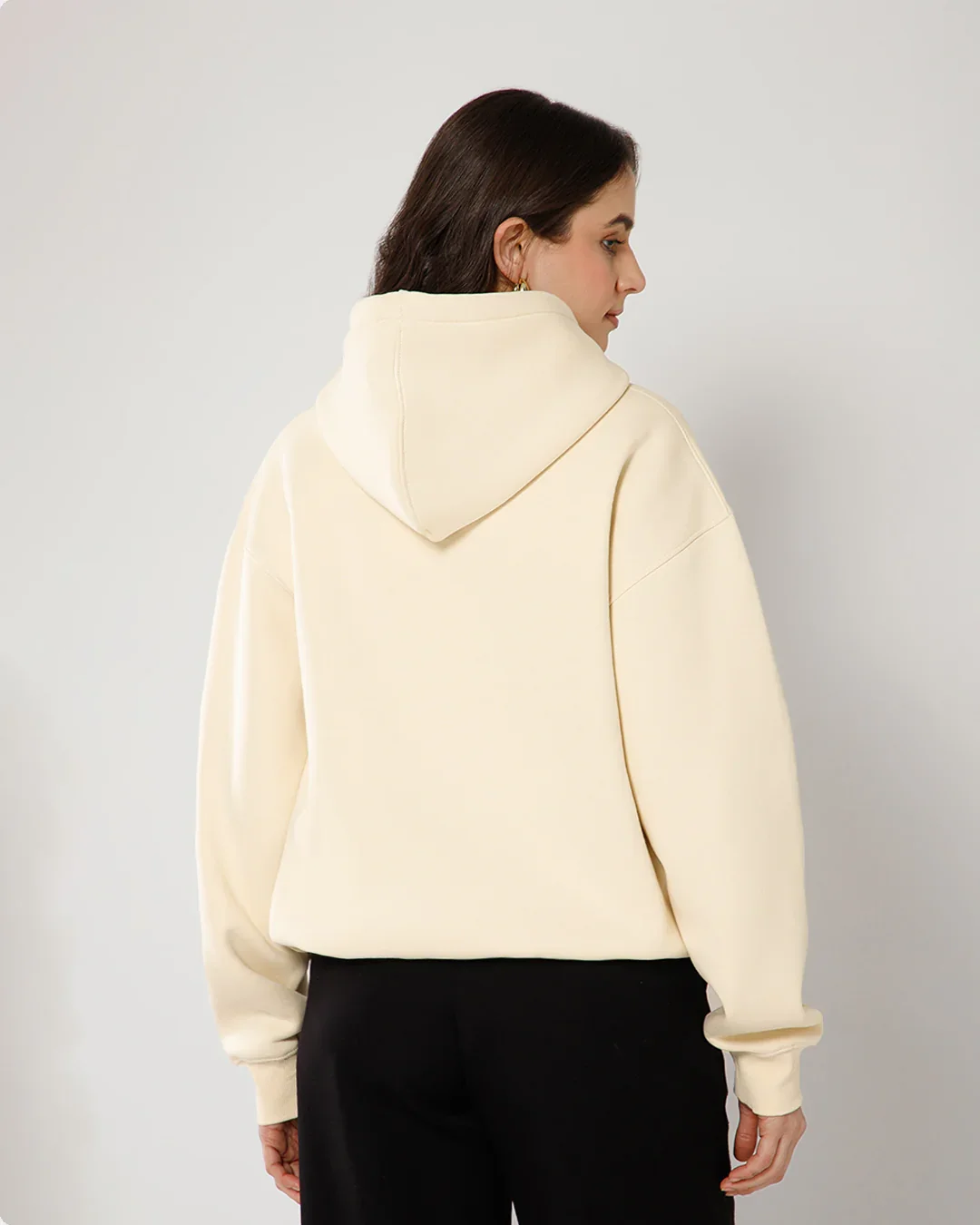 Womens Solid Drawstring Full Sleeve Hoodie in Cream - Image 4