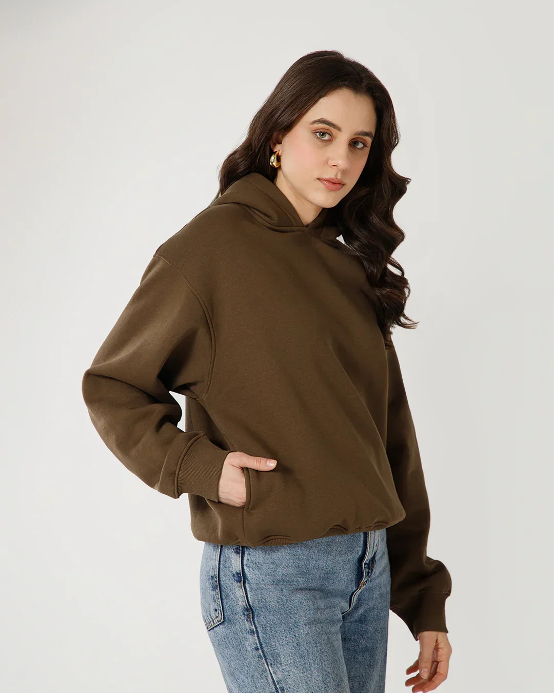 Womens Solid Drawstring Full Sleeve Hoodie in Dark Mouse - Image 4