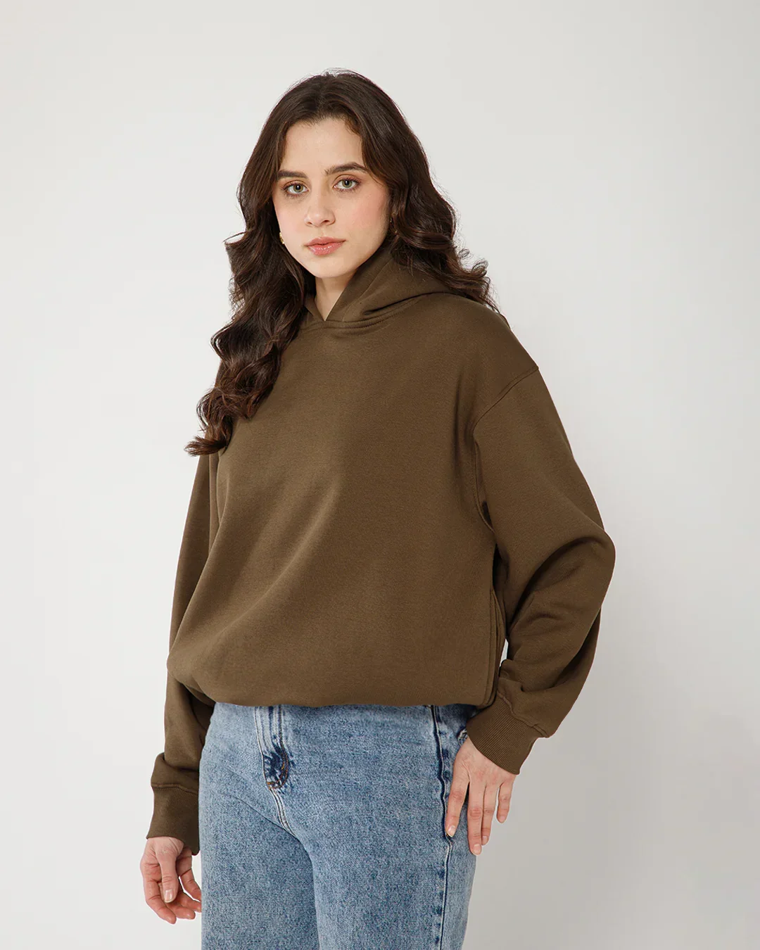 Womens Solid Drawstring Full Sleeve Hoodie in Dark Mouse - Image 5