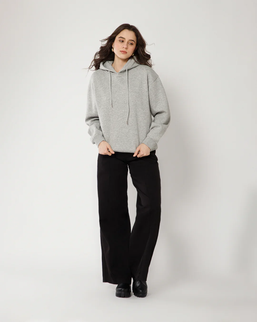 Womens Solid Drawstring Full Sleeve Hoodie in Milange - Image 3