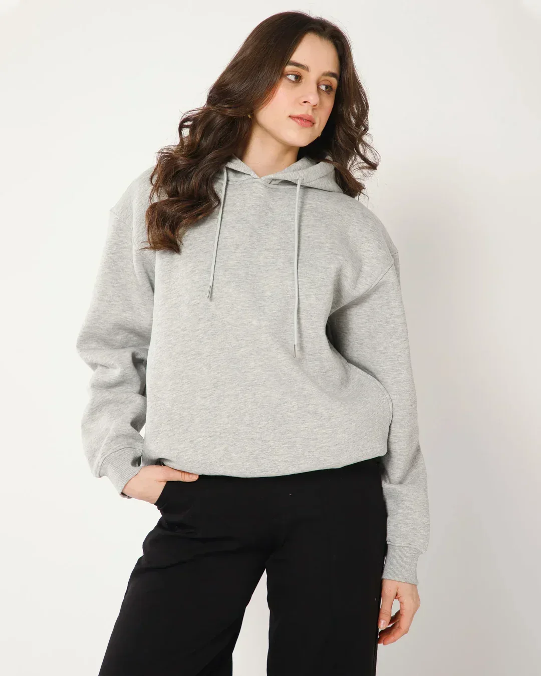 Womens Solid Drawstring Full Sleeve Hoodie in Milange - Image 4