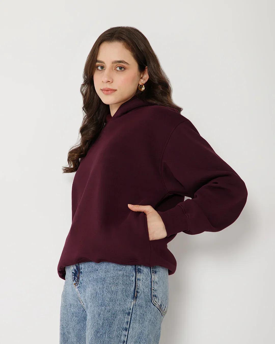Womens Solid Drawstring Full Sleeve Hoodie in Wine - Image 3