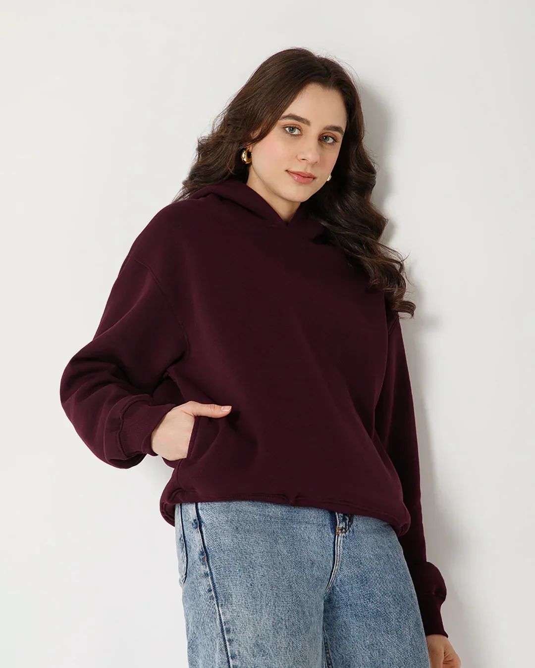 Womens Solid Drawstring Full Sleeve Hoodie in Wine - Image 4