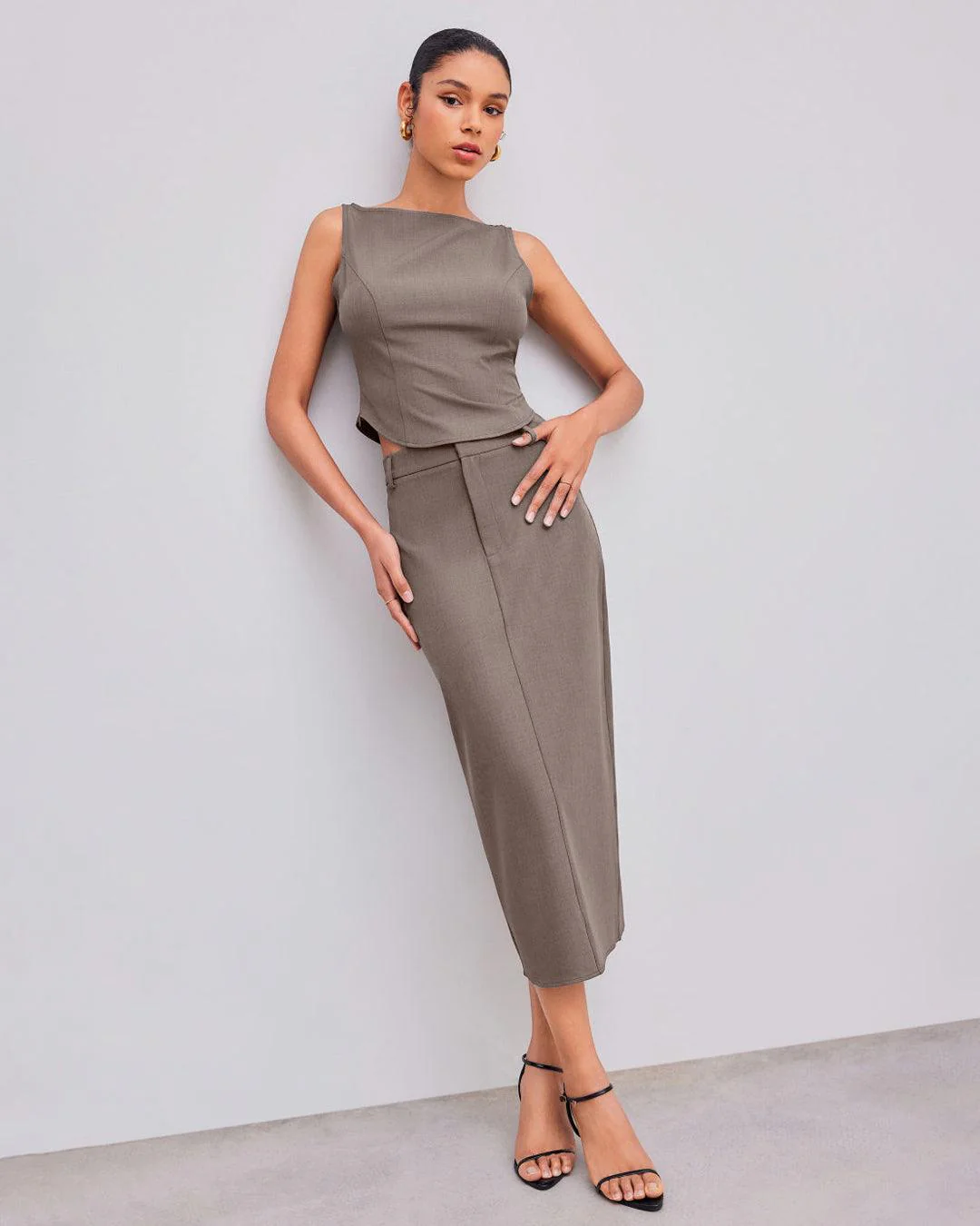 Woven Boat Neck Solid Tank Top & High Rise Split Maxi Skirt In Cappuccino - Image 5