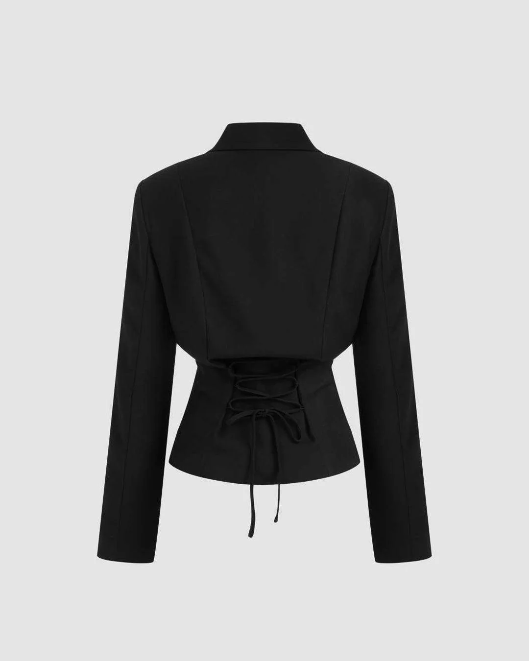 Woven Collar Solid Lace Up Button Blazer In Black - Image 2