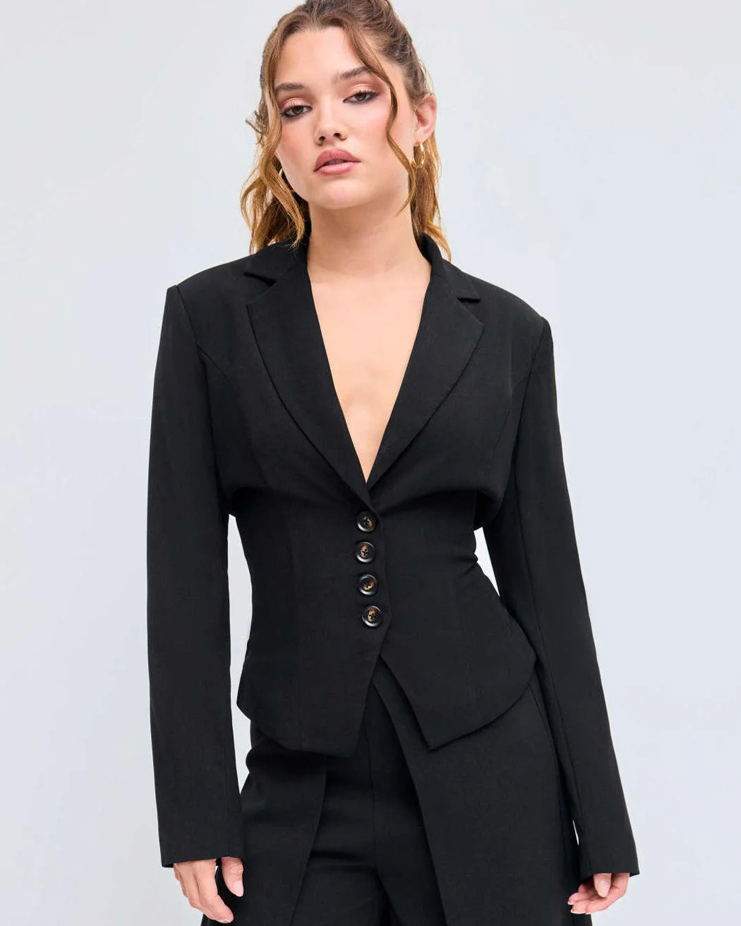 Woven Collar Solid Lace Up Button Blazer In Black - Image 3