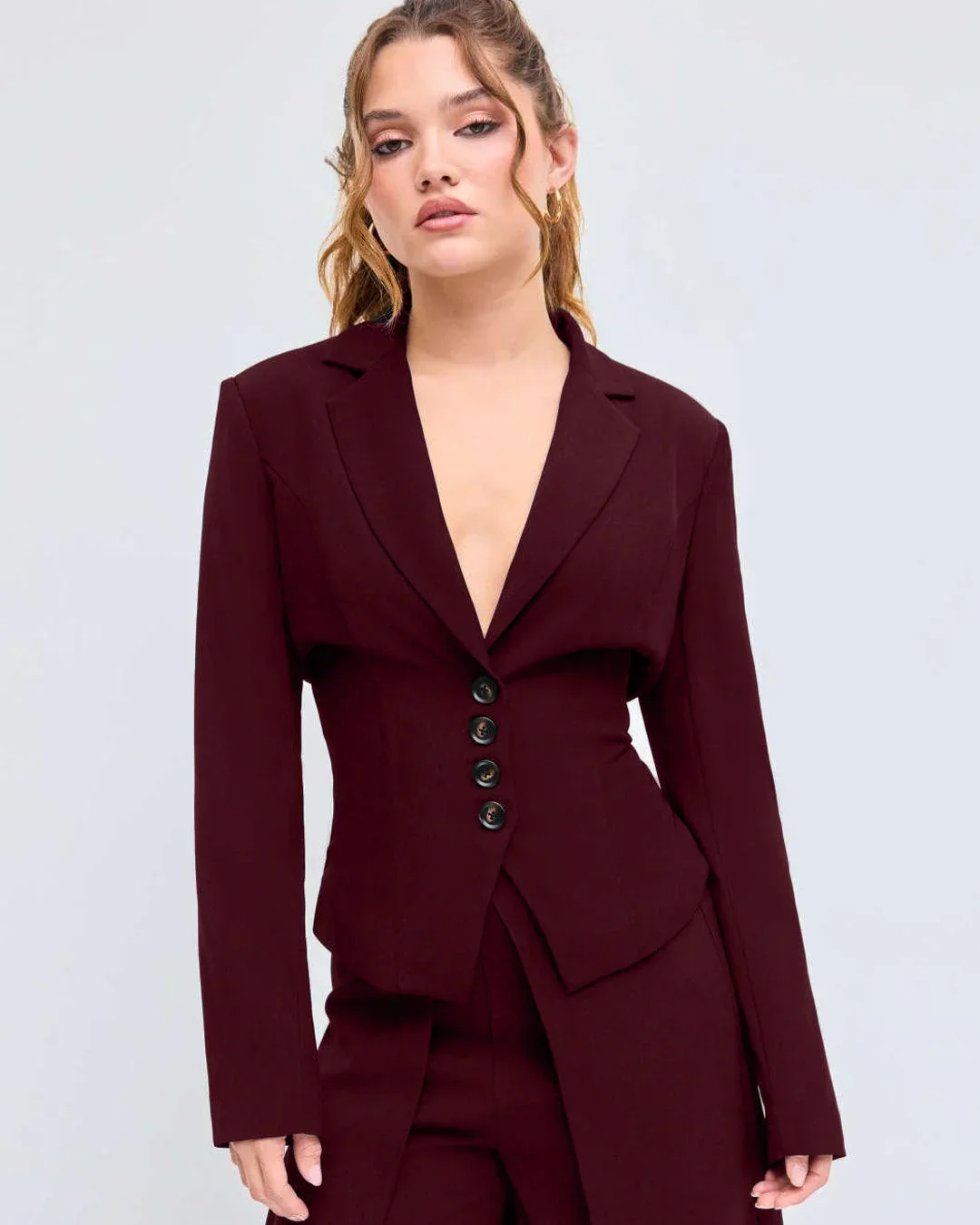 Woven Collar Solid Lace Up Button Blazer In Burgundy - Image 2