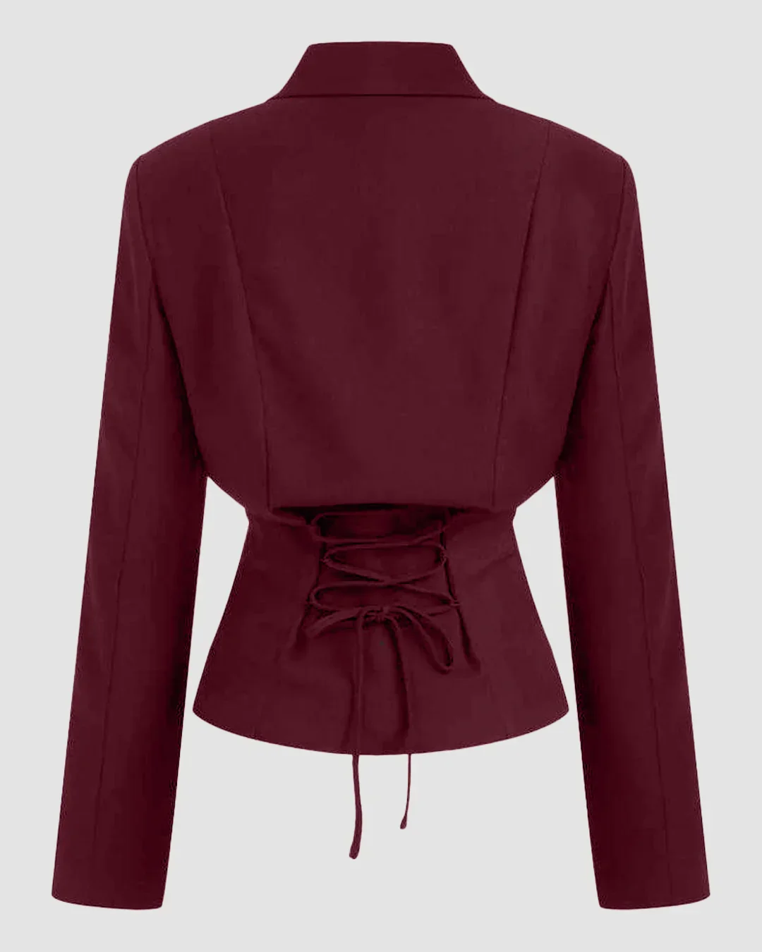 Woven Collar Solid Lace Up Button Blazer In Burgundy - Image 3