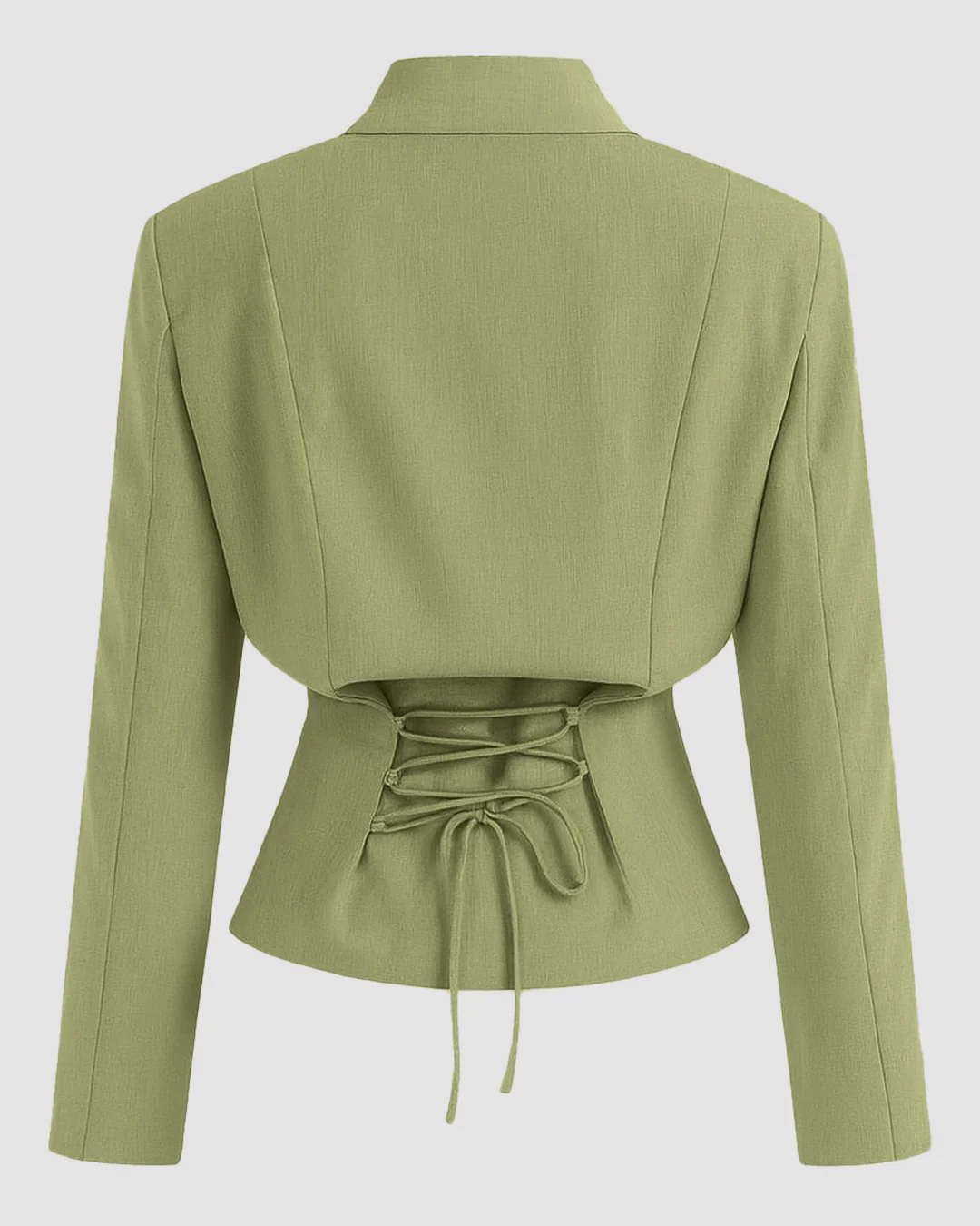 Woven Collar Solid Lace Up Button Blazer In Herbal - Image 2
