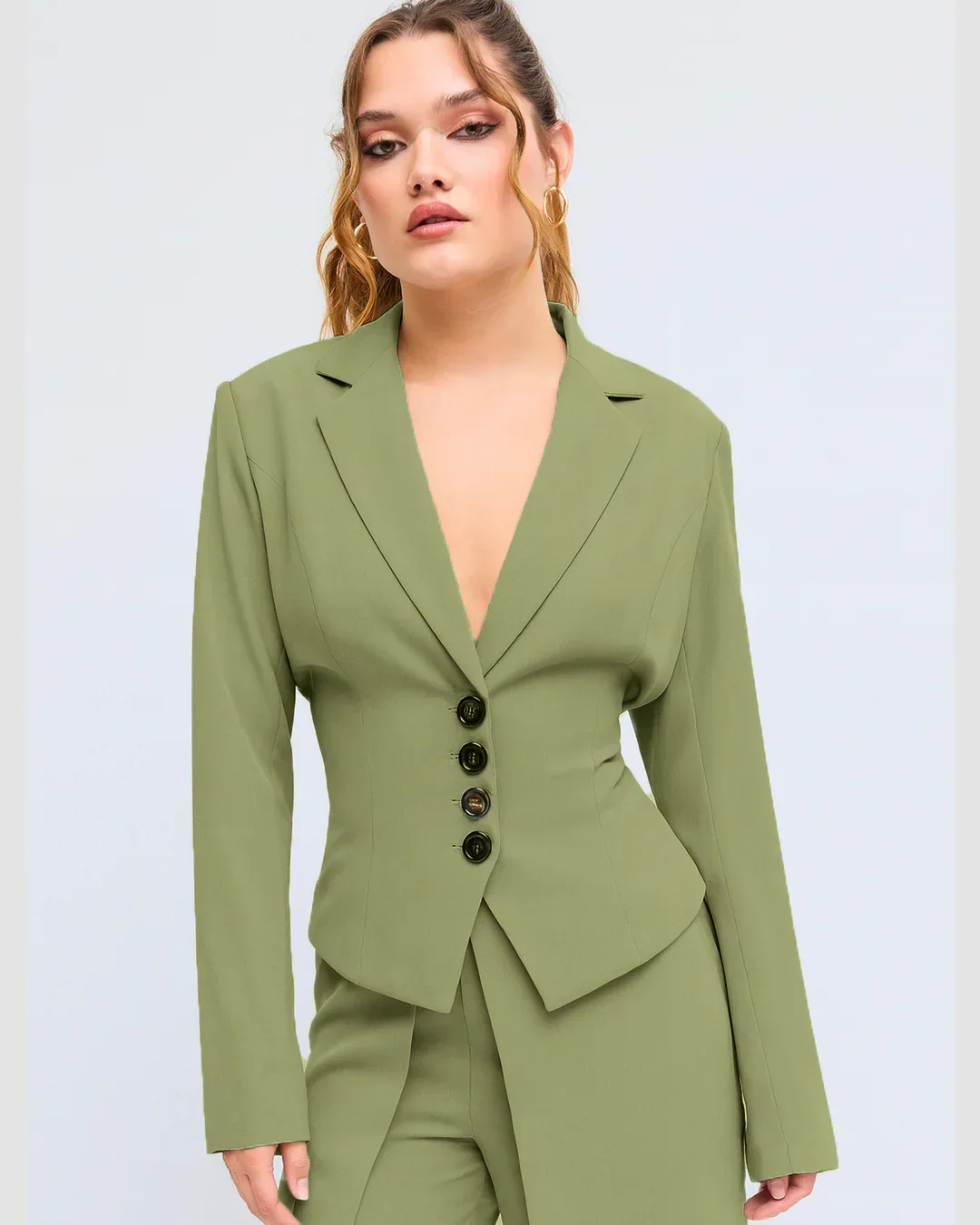Woven Collar Solid Lace Up Button Blazer In Herbal - Image 3