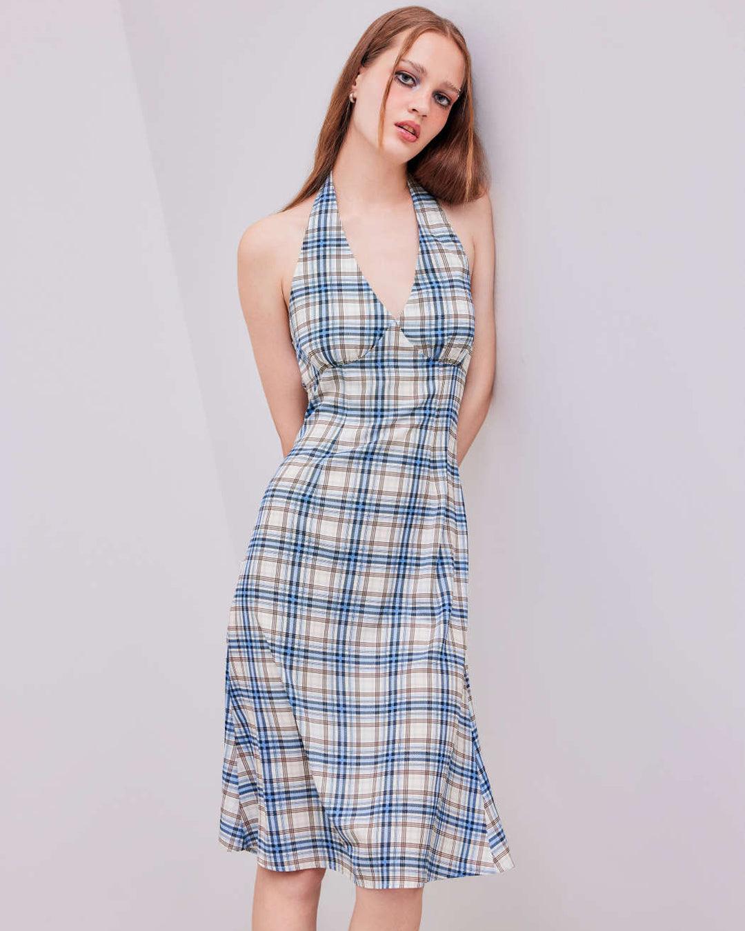 Woven Halter Check Knotted Midi Dress - Image 3