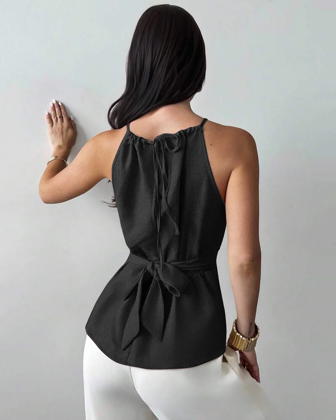 Wrap Tie Waist Solid Color Criss-Cross Sleeveless Top in Black - Image 2