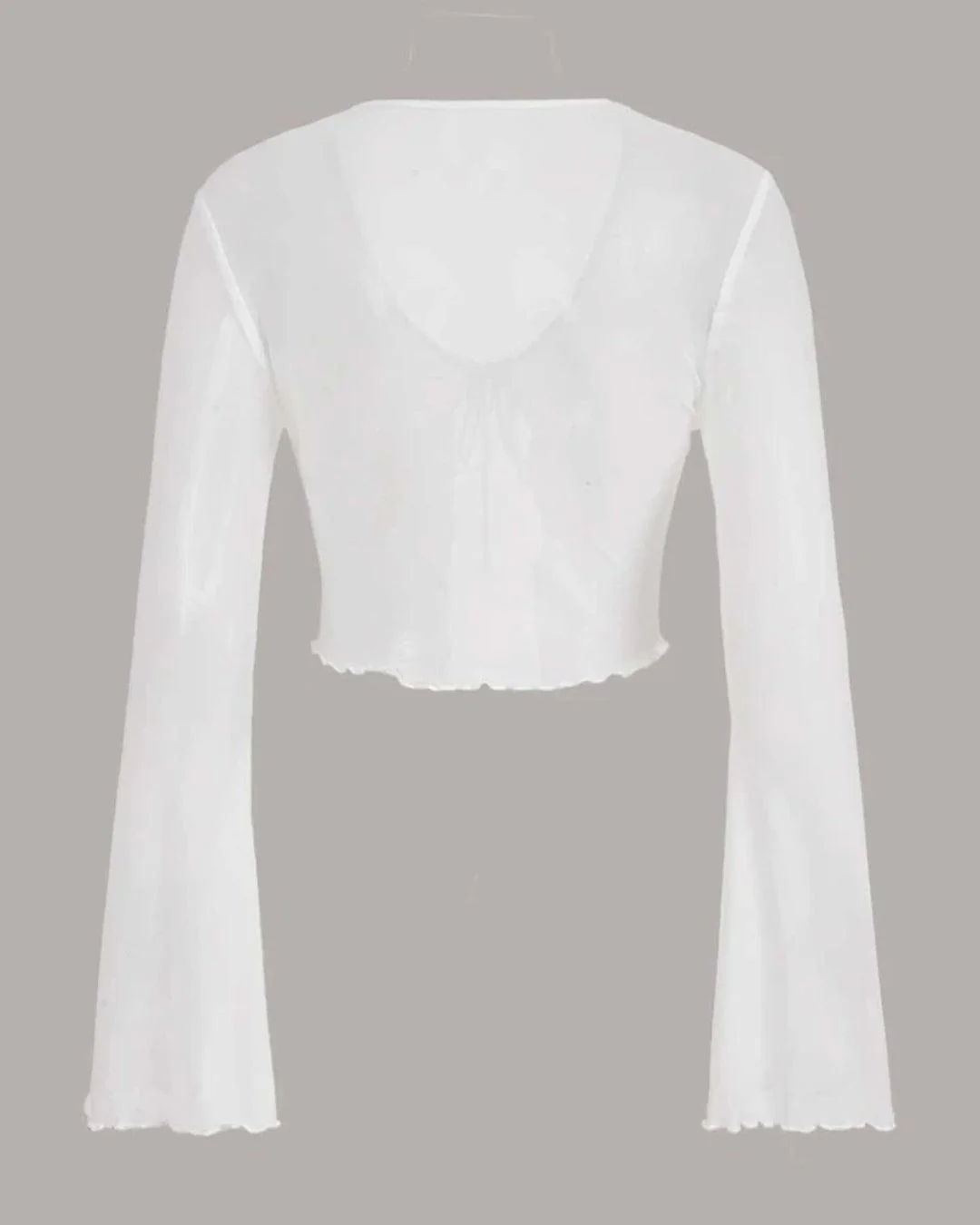 Y2K Cropped Tie Front Knot Shirred White Mesh Top - Image 3